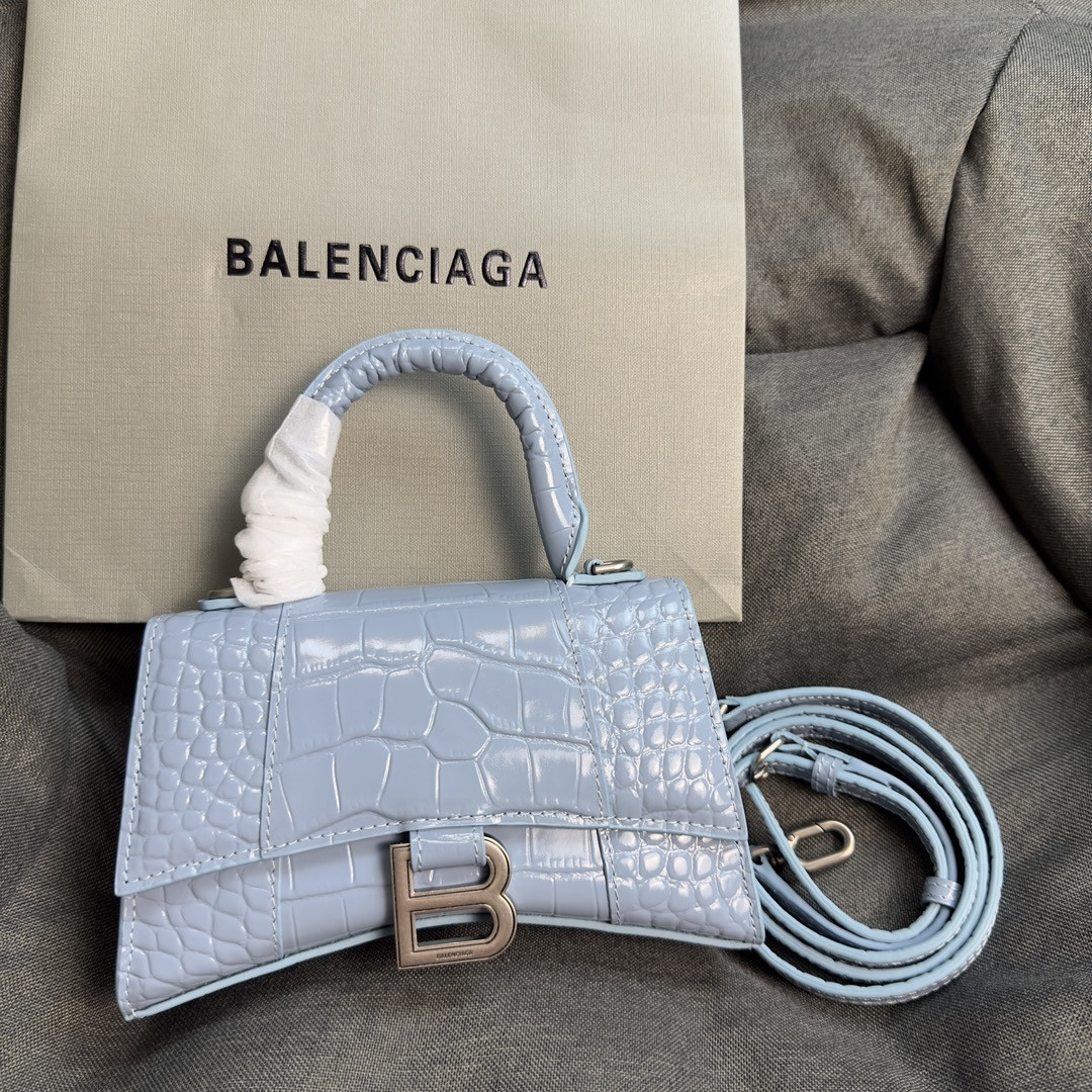 Ba1en*iaga WOMEN'S HOURGLASS MINI HANDBAG CROCODILE EMBOSSED IN LIGHT BLUE L7.4 x H5.1 x W3.1 inch