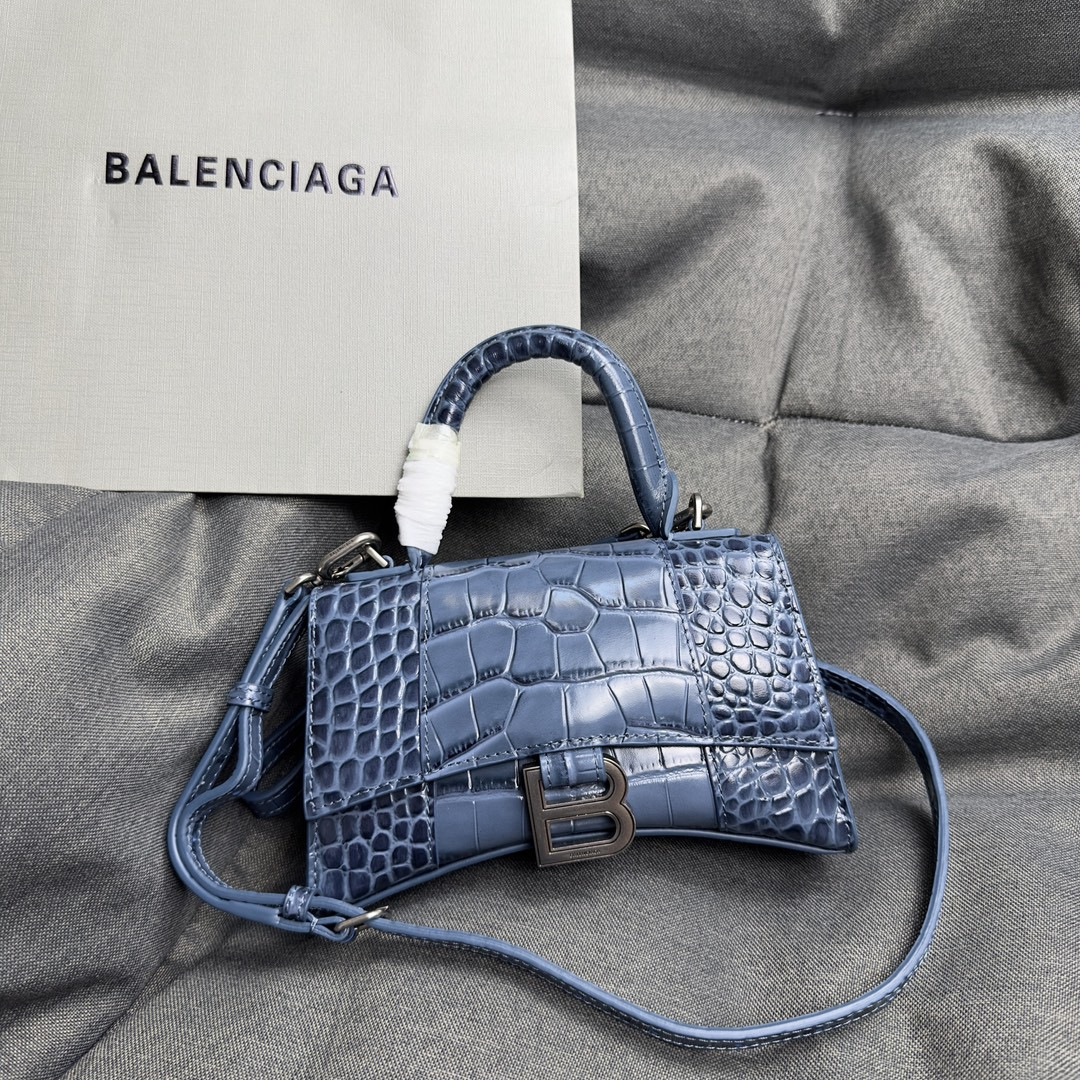 Ba1en*iaga WOMEN'S HOURGLASS MINI HANDBAG CROCODILE EMBOSSED IN BLUE L7.4 x H5.1 x W3.1 inch