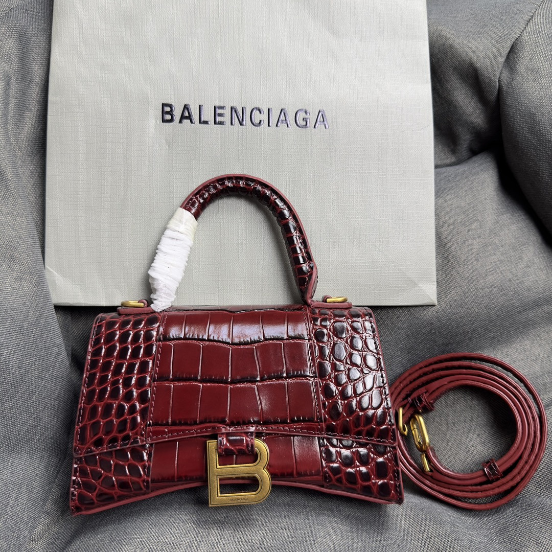 Ba1en*iaga WOMEN'S HOURGLASS MINI HANDBAG CROCODILE EMBOSSED IN CLARET L7.4 x H5.1 x W3.1 inch