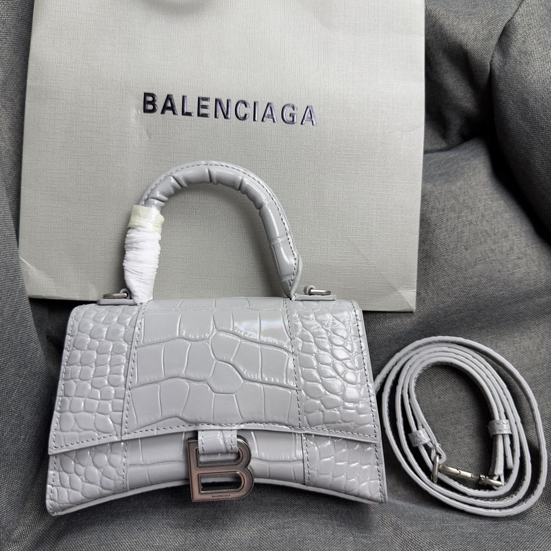Ba1en*iaga WOMEN'S HOURGLASS MINI HANDBAG CROCODILE EMBOSSED IN LIGHT GRAY L7.4 x H5.1 x W3.1 inch