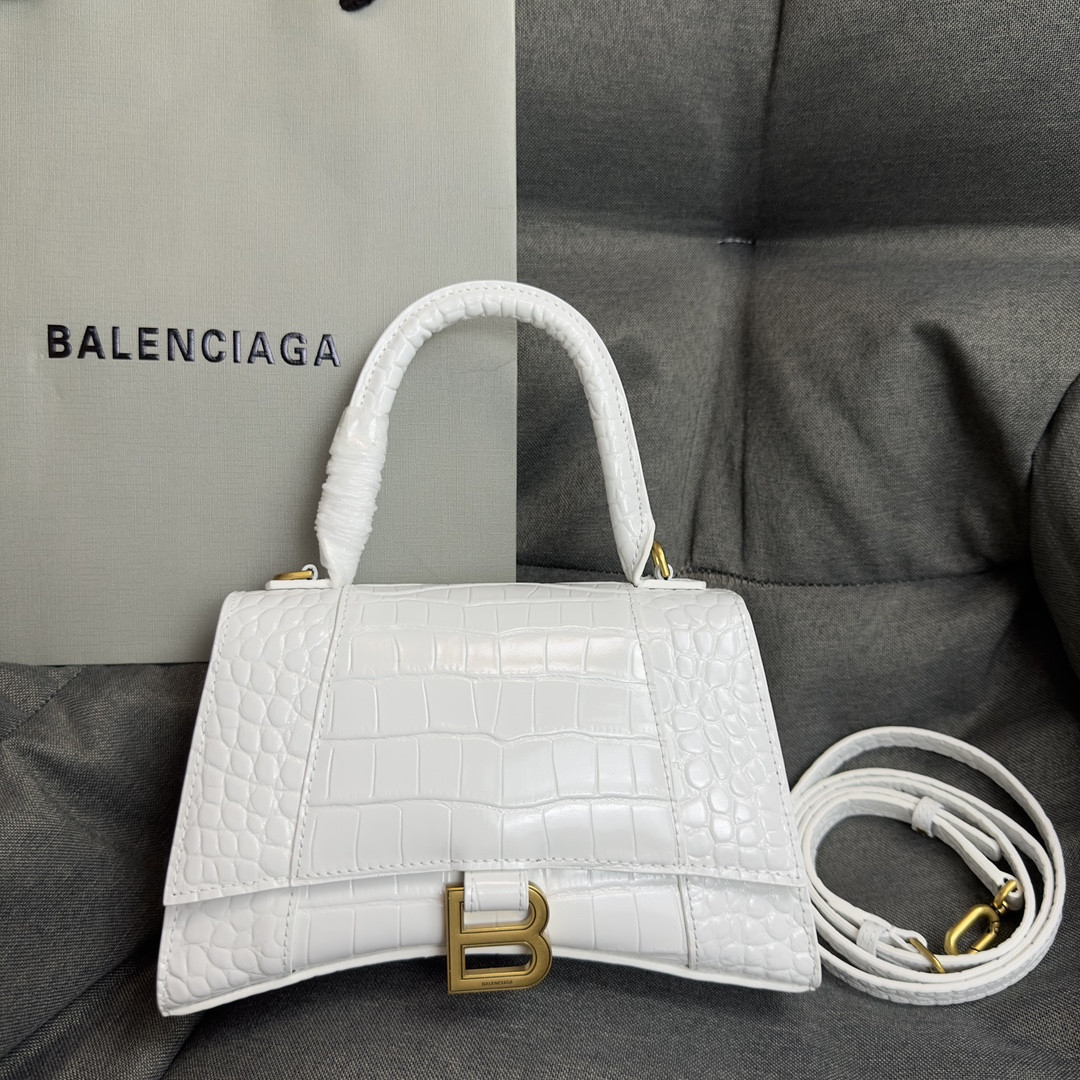 Ba1en*iaga WOMEN'S HOURGLASS SMALL HANDBAG CROCODILE EMBOSSED IN WHITE WITH GOLD HARDWARE L9 x H5.5 x W3.9 inch