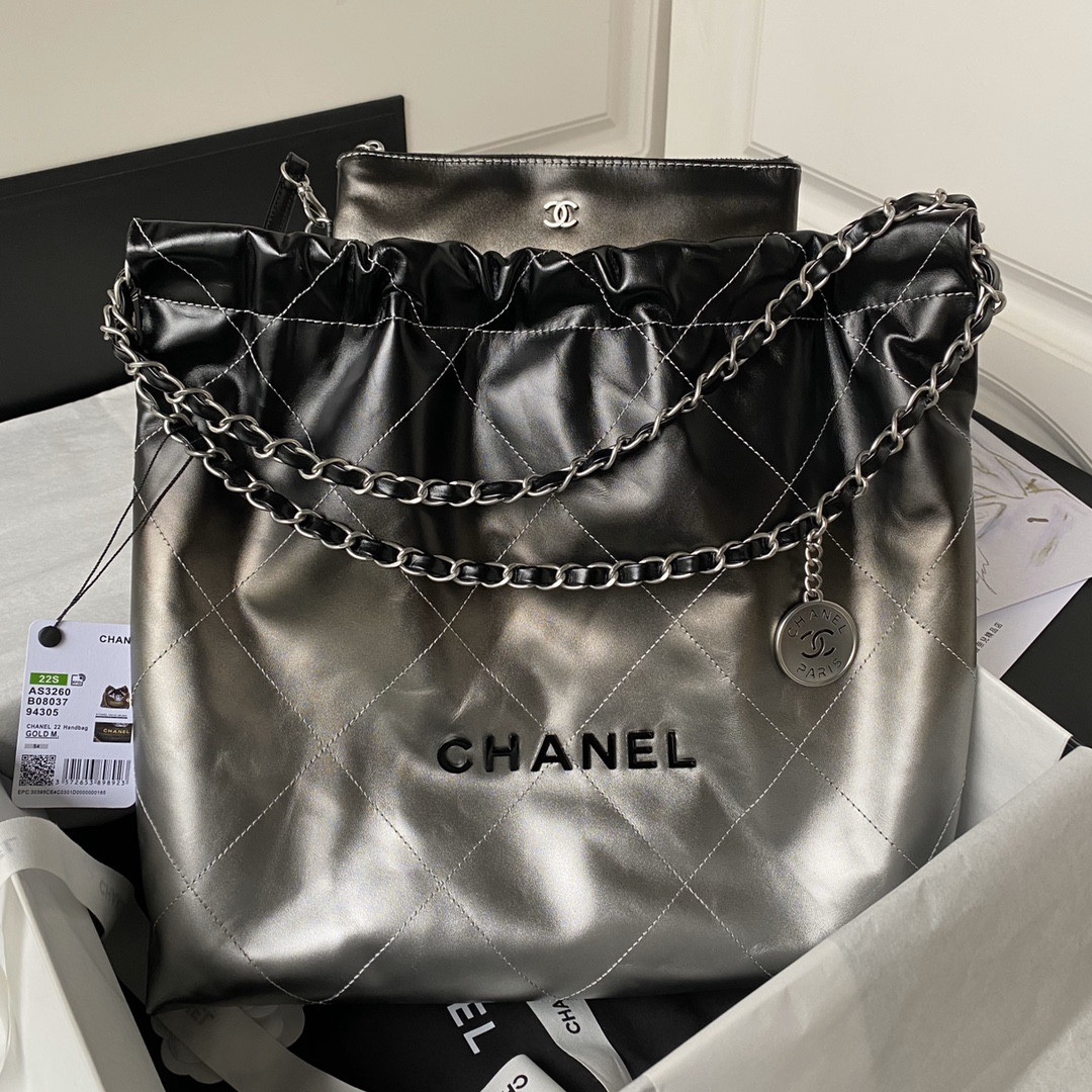 Ch**el 22 HANDBAG Shiny Calfskin SILVER 15.2×16.4×3.1 in