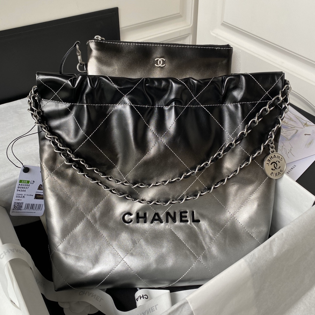 Ch**el 22 SMALL HANDBAG Shiny Calfskin SILVER 13.7×14.4×2.7 in