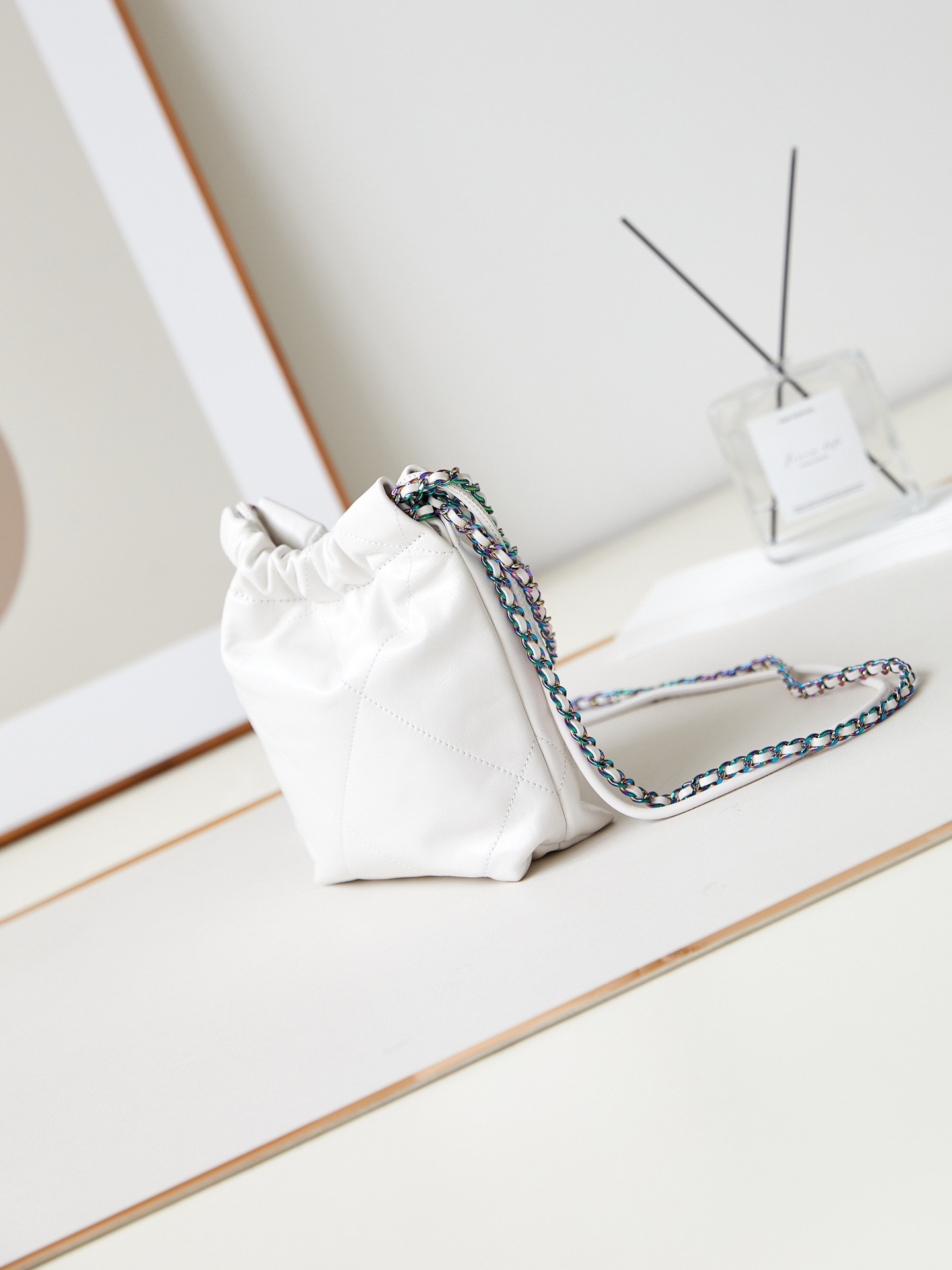 Ch**el 22 MINI HANDBAG Shiny Calfskin & Rainbow Metal White 7.8 × 7.4 × 2.3 in