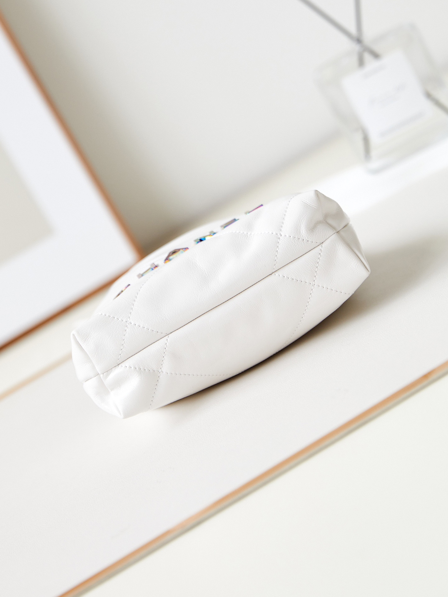 Ch**el 22 MINI HANDBAG Shiny Calfskin & Rainbow Metal White 7.8 × 7.4 × 2.3 in