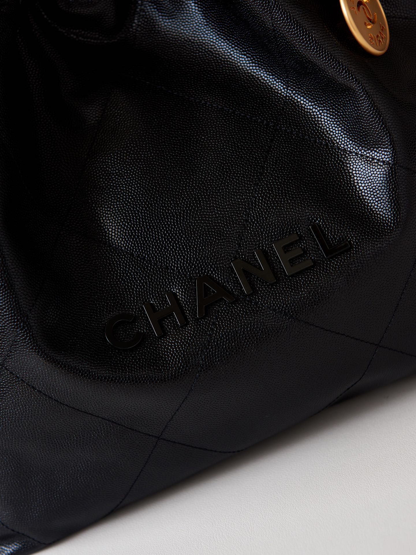 Ch**el 22 SMALL HANDBAG Shiny Calfskin & GOLD Metal BLACK 13.7×14.4×2.7 in