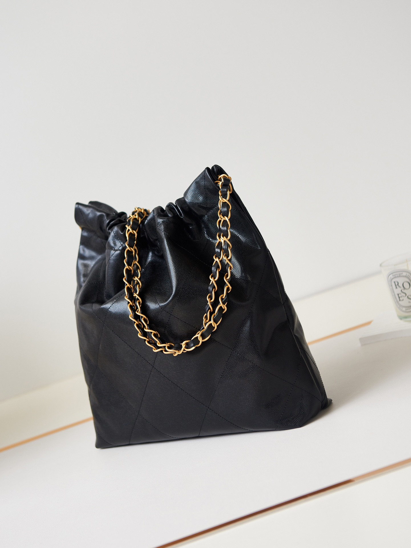 Ch**el 22 SMALL HANDBAG Shiny Calfskin & GOLD Metal BLACK 13.7×14.4×2.7 in