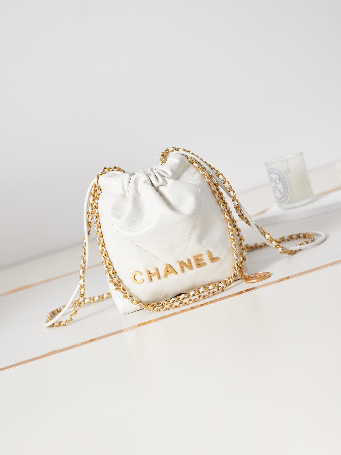 Ch**el 22 MINI HANDBAG Shiny Calfskin & Gold-Tone Metal white 7.8 × 7.4 × 2.3 in