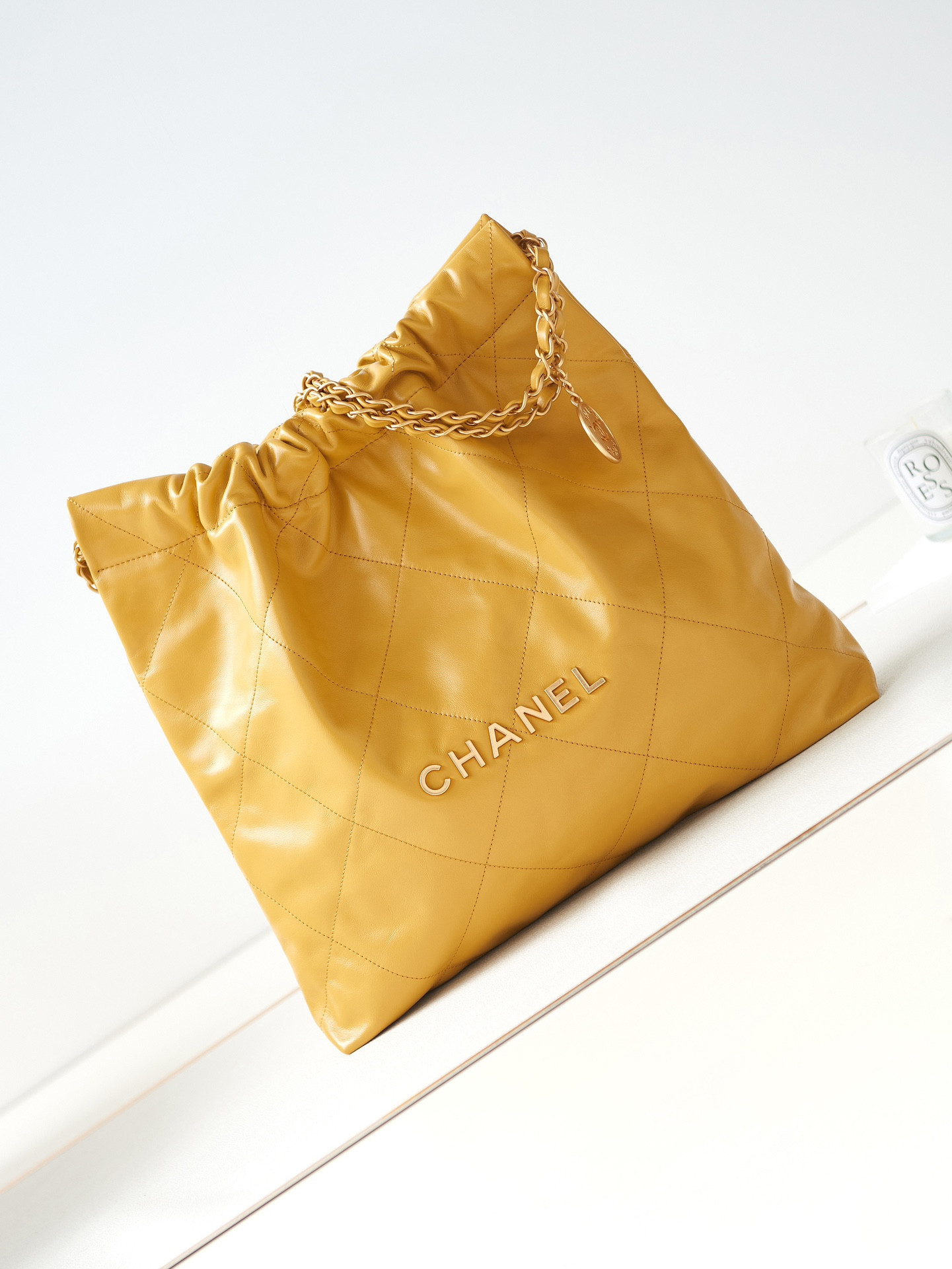 Ch**el 22 SMALL HANDBAG Shiny Calfskin YELLOW 15.2×16.4×3.1 in