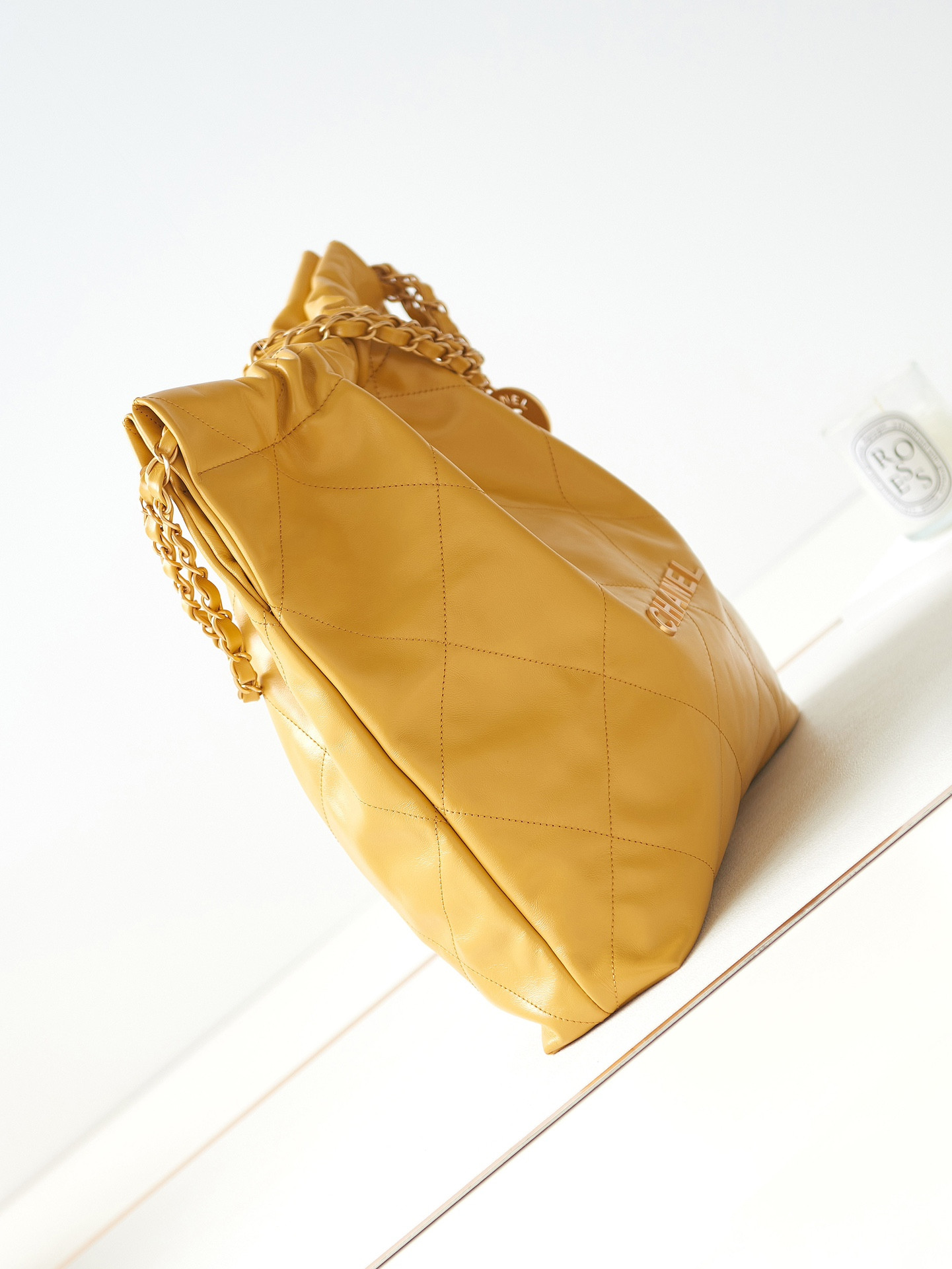Ch**el 22 SMALL HANDBAG Shiny Calfskin YELLOW 15.2×16.4×3.1 in