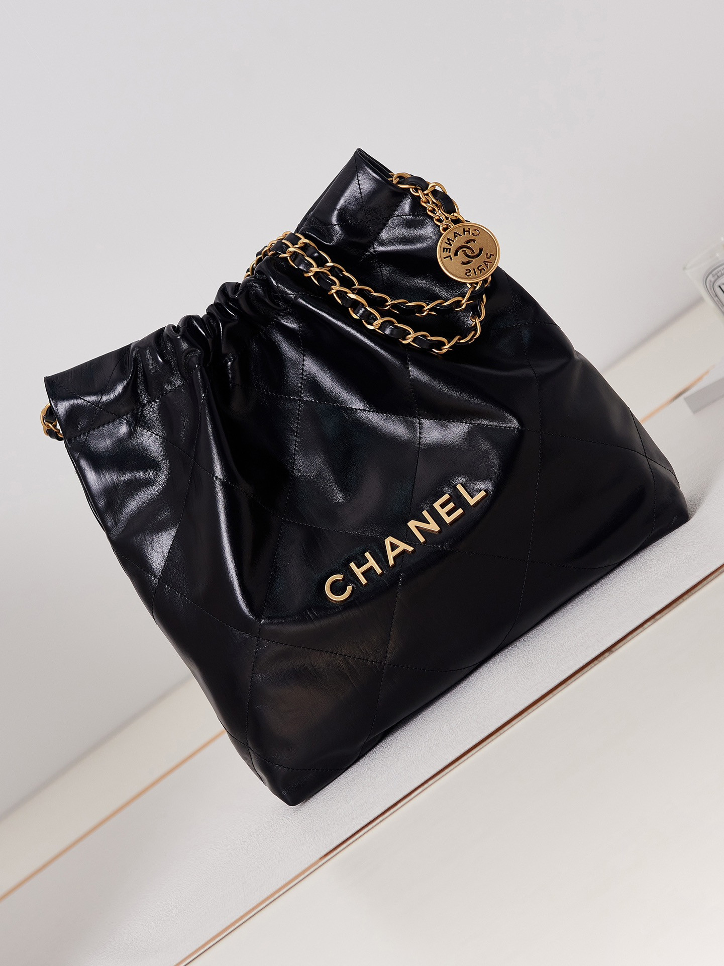 Ch**el 22 SMALL HANDBAG Shiny Calfskin & GOLD Metal BLACK 13.7×14.4×2.7 in