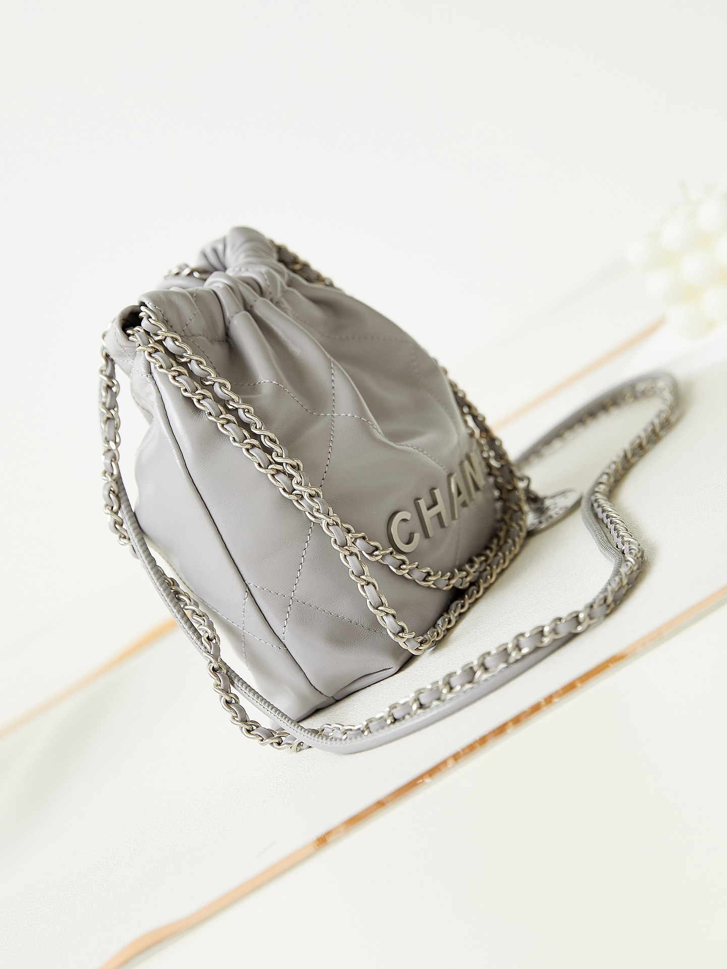 Ch**el 22 MINI HANDBAG Shiny Calfskin GREY 7.8 × 7.4 × 2.3 in