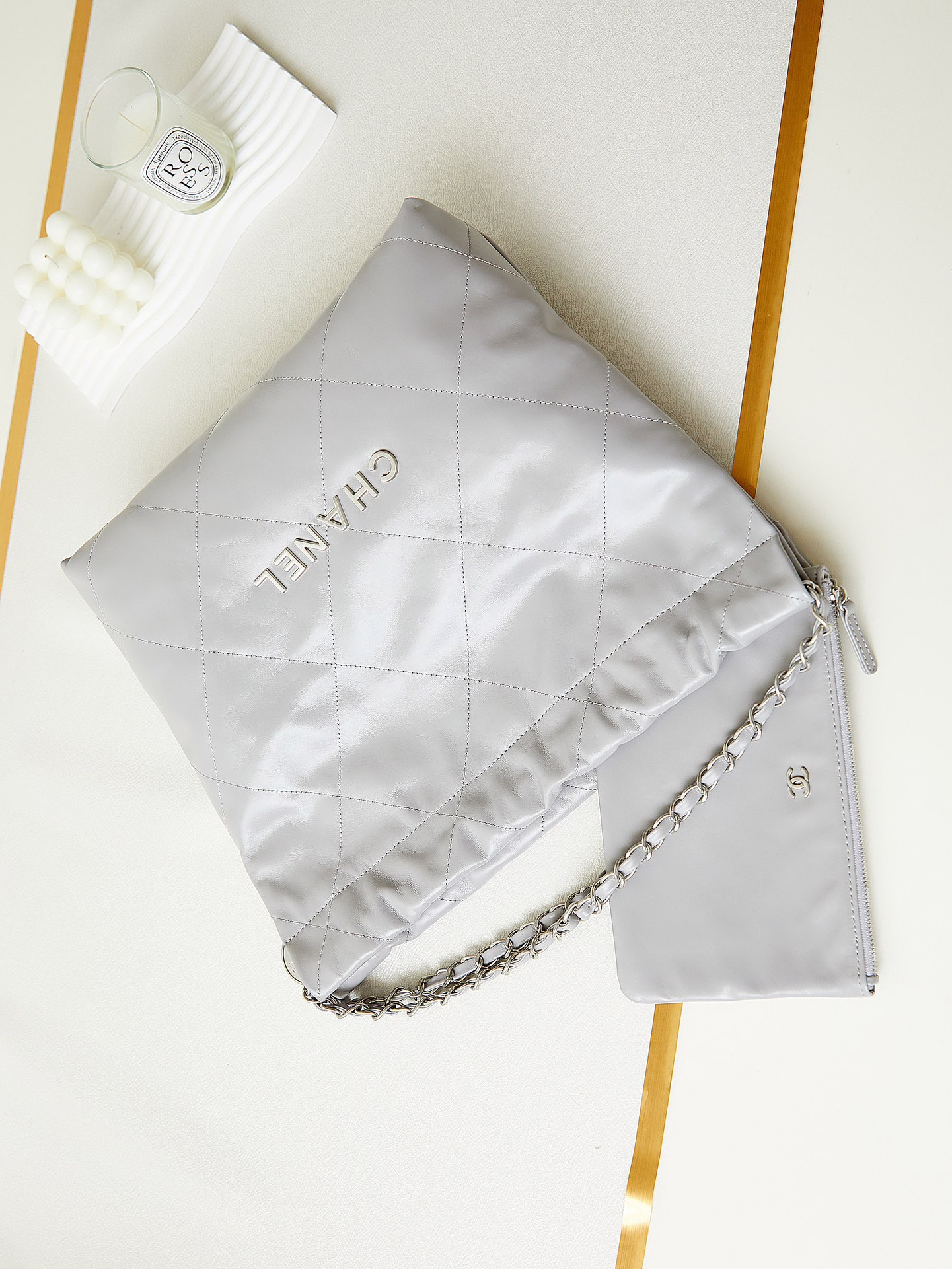 Ch**el 22 SMALL HANDBAG Shiny Calfskin GREY 13.7×14.4×2.7 in