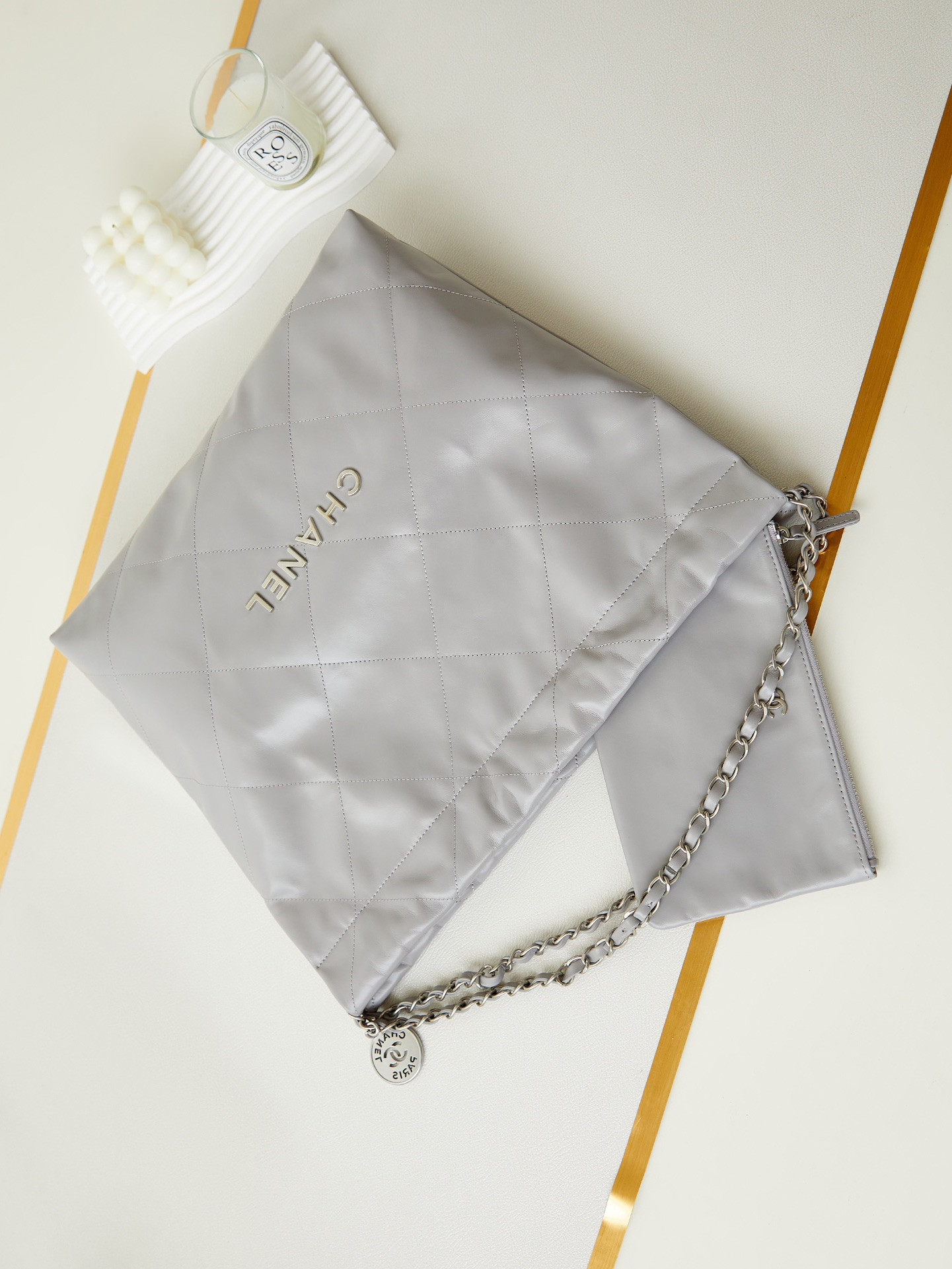 Ch**el 22 SMALL HANDBAG Shiny Calfskin grey 15.2×16.4×3.1 in