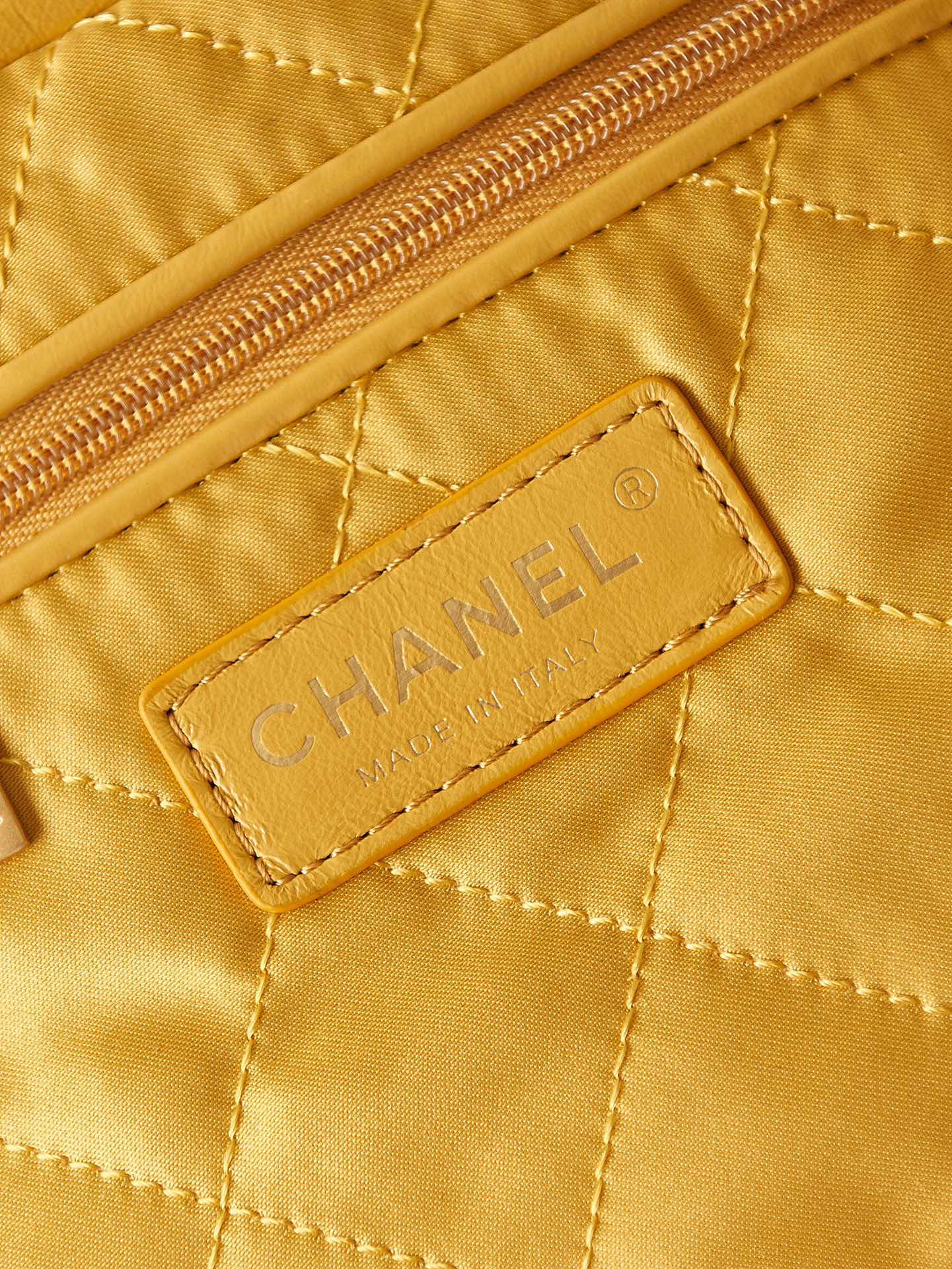 Ch**el 22 SMALL HANDBAG Shiny Calfskin YELLOW 13.7×14.4×2.7 in