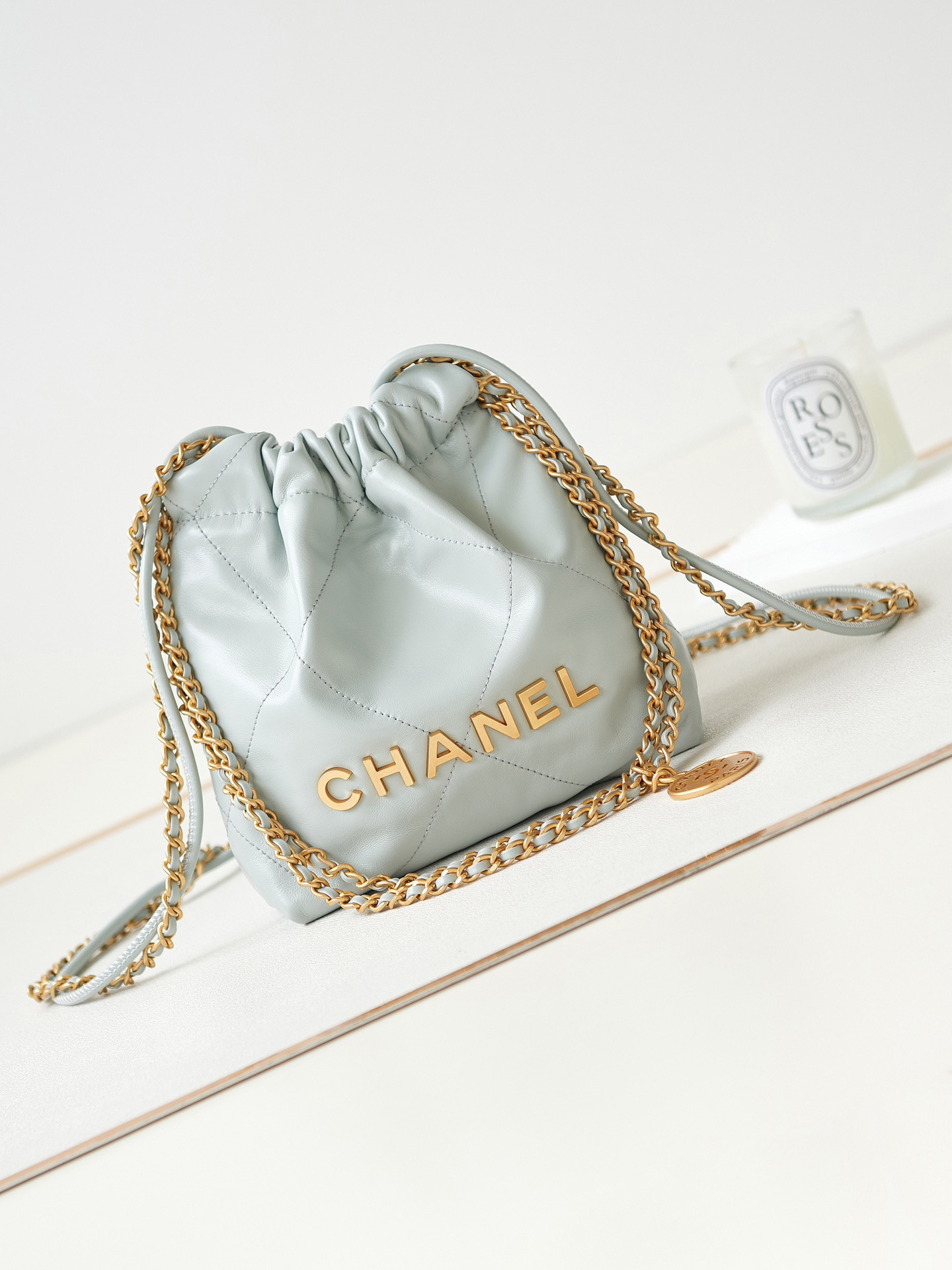 Ch**el 22 MINI HANDBAG Shiny Calfskin Light Blue 7.8 × 7.4 × 2.3 in