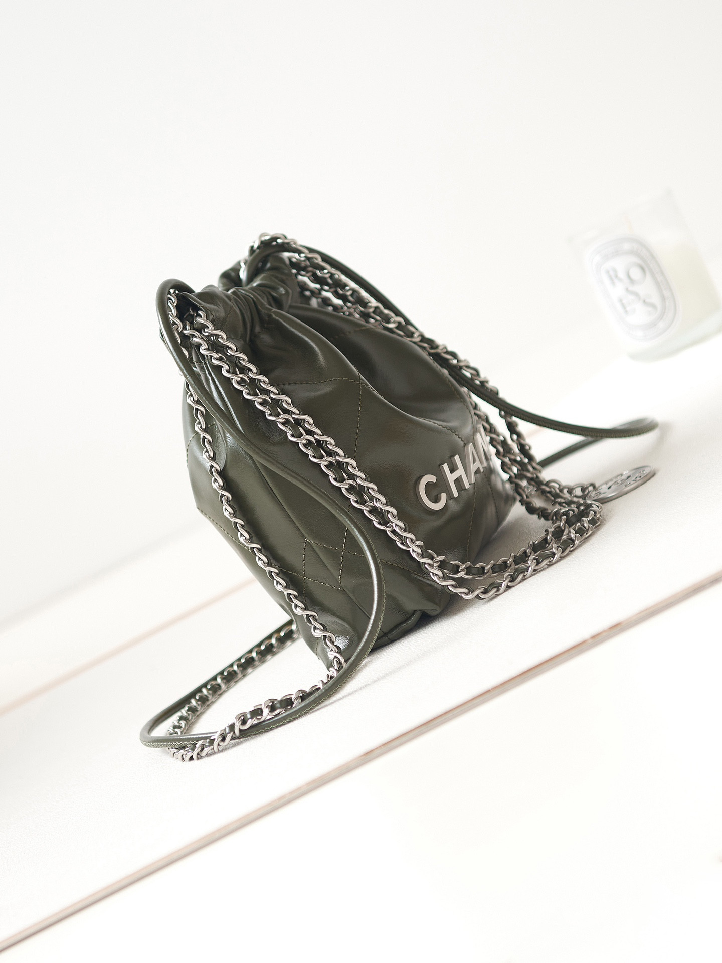 Ch**el 22 MINI HANDBAG Shiny Calfskin & Silver-Tone Metal black 7.8 × 7.4 × 2.3 in