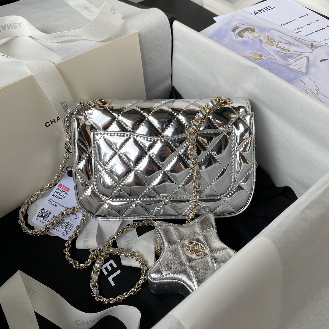 Ch**el FLAP BAG & STAR COIN PURSE SILVER 12.5×19×5cm