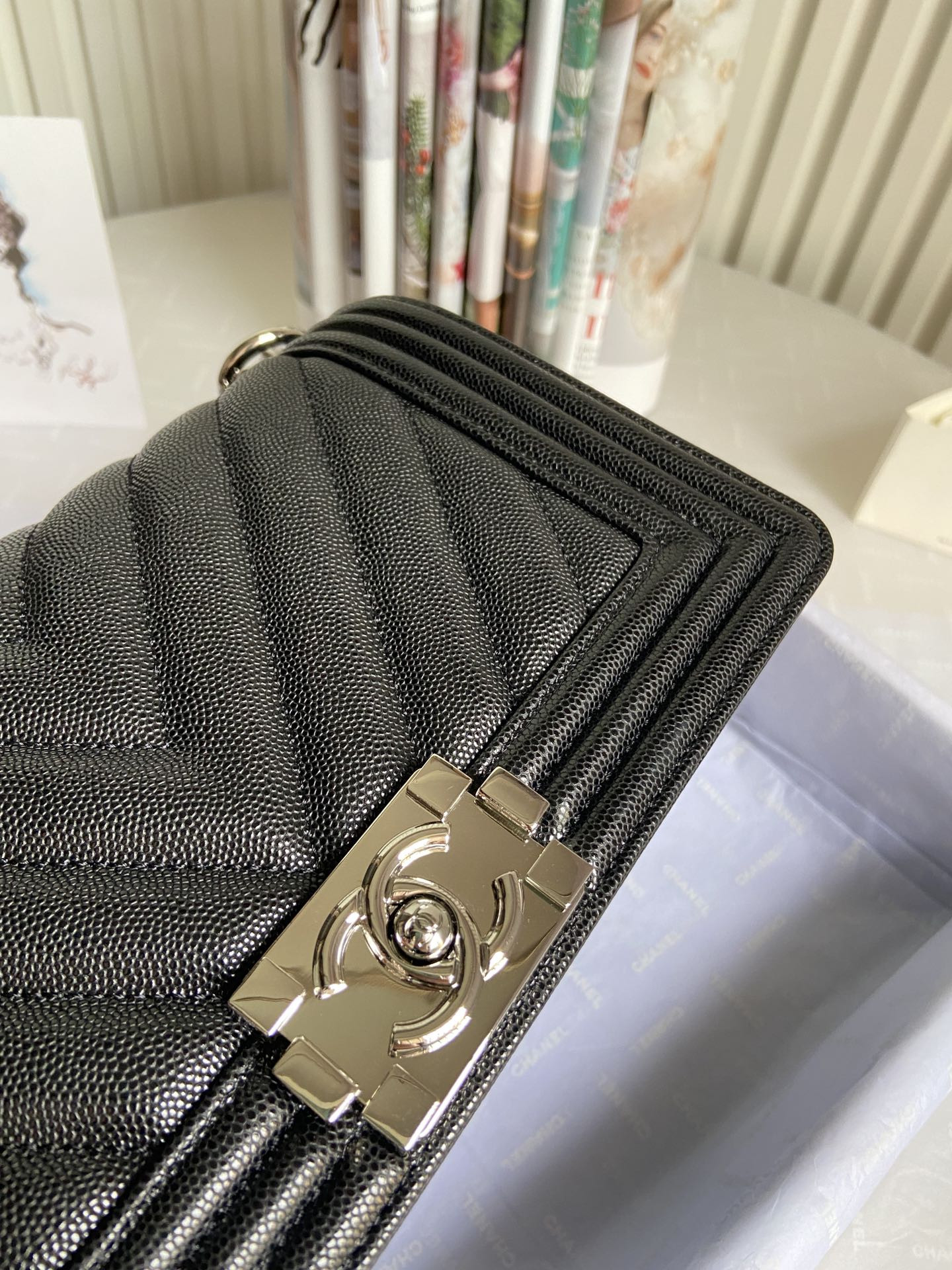 BOY Ch**el HANDBAG Shiny Grained Calfskin & Silver-Tone Metal Black 5.9 × 9.8 × 3.5 in