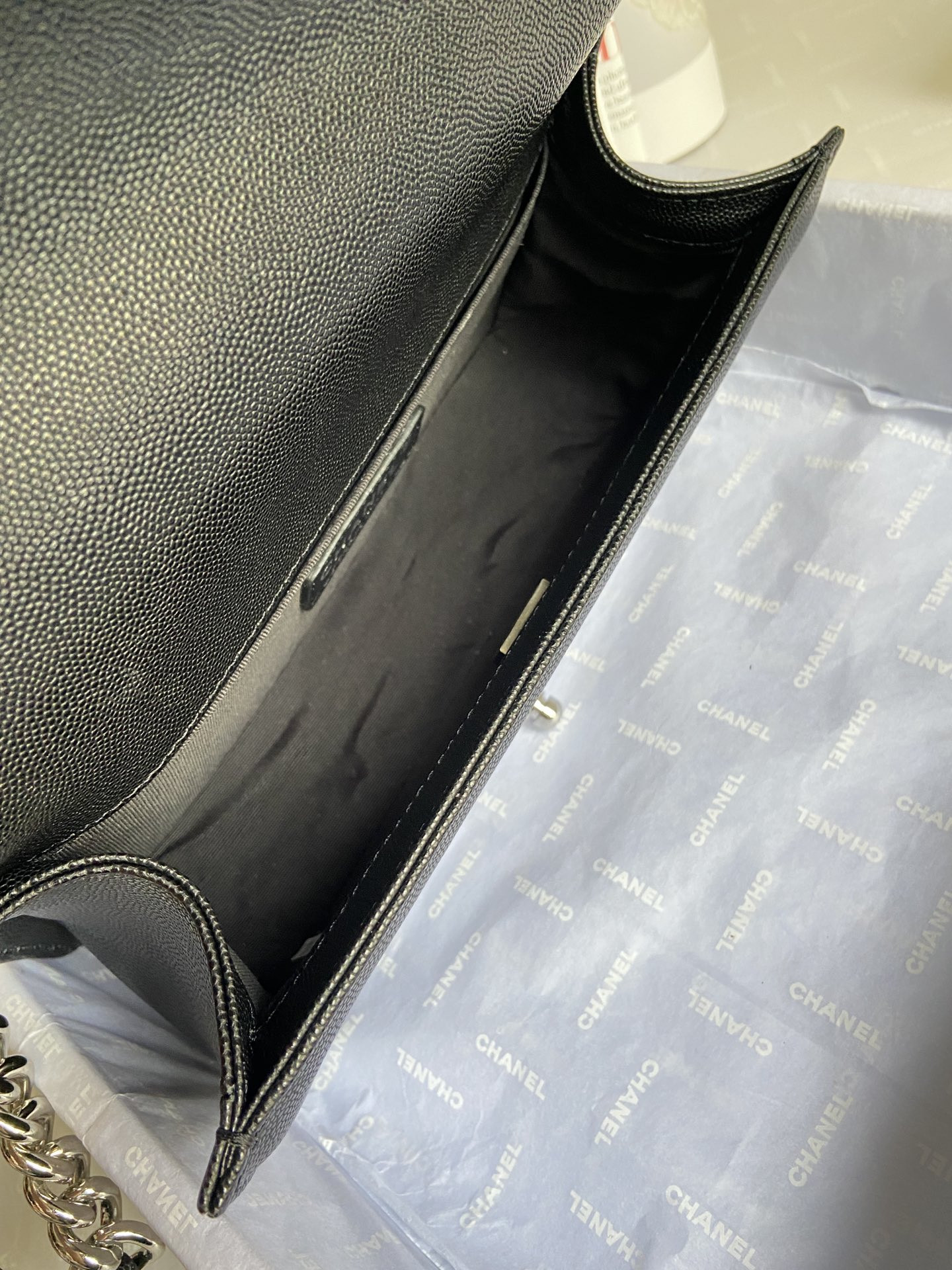 BOY Ch**el HANDBAG Shiny Grained Calfskin & Silver-Tone Metal Black 5.9 × 9.8 × 3.5 in