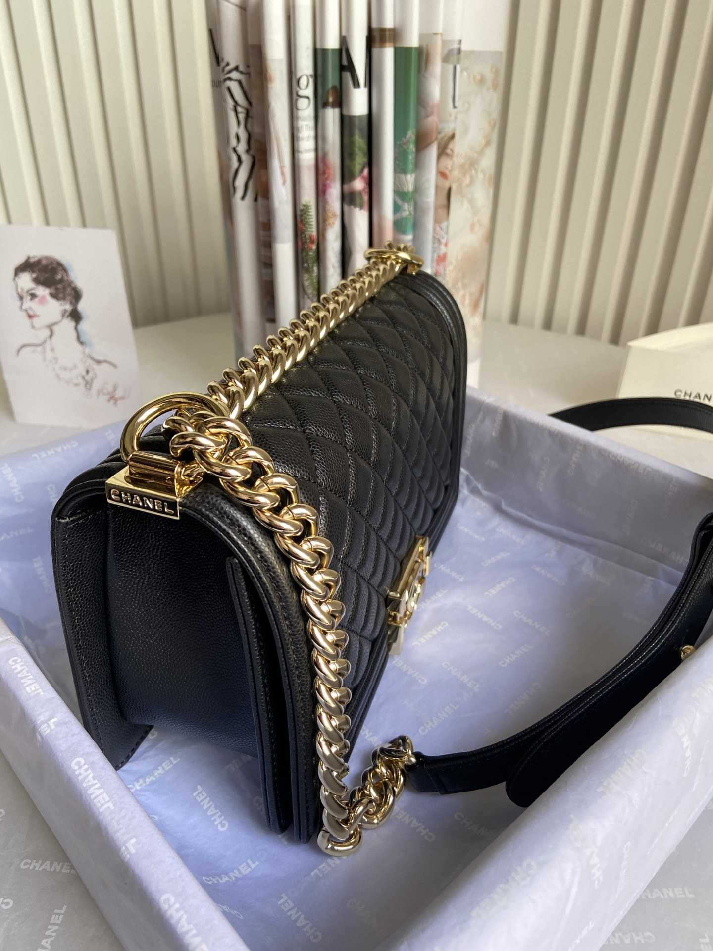 BOY Ch**el HANDBAG Shiny Grained Calfskin & Gold-Tone Metal Black 5.9 × 9.8 × 3.5 in