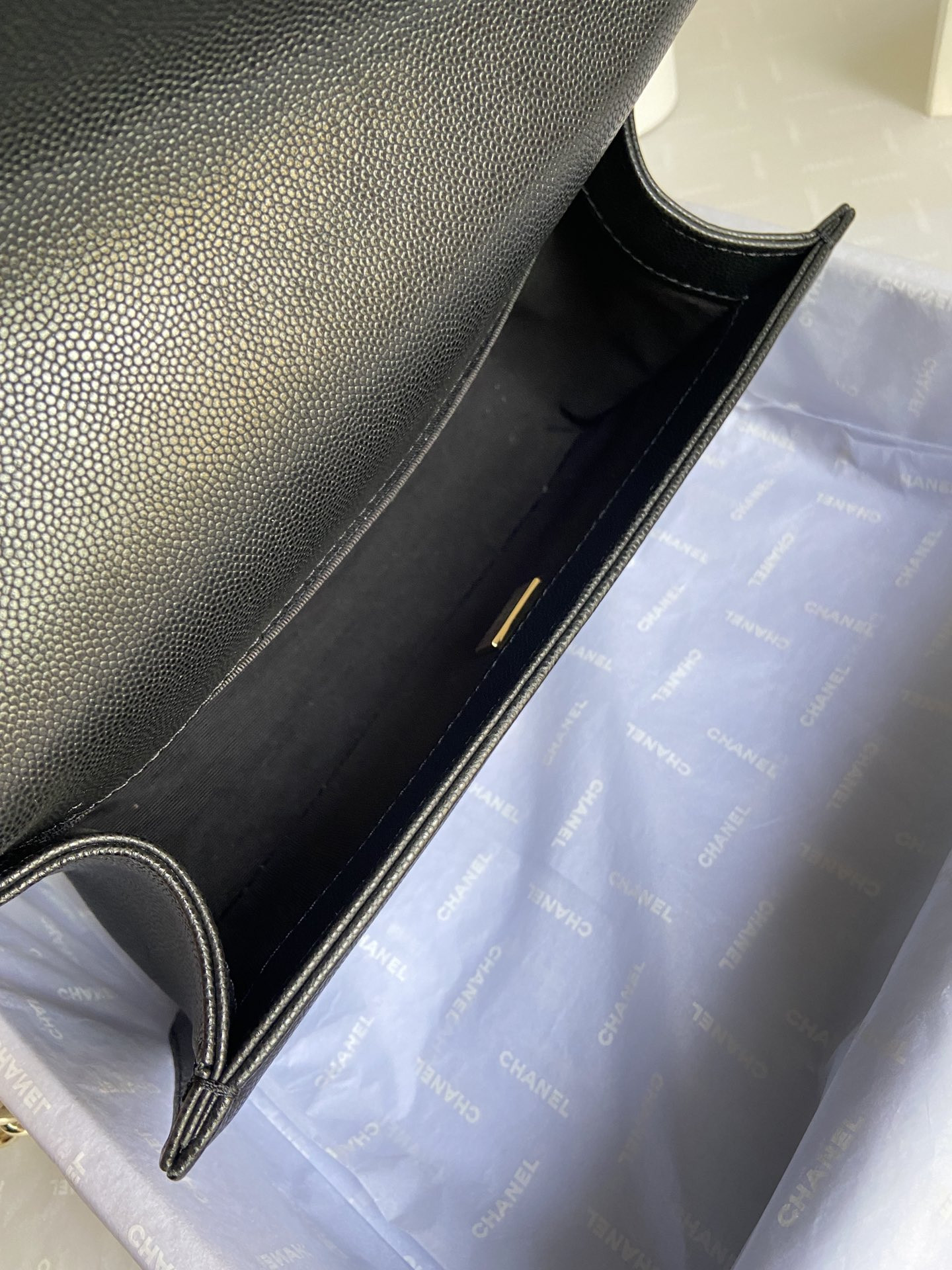 BOY Ch**el HANDBAG Shiny Grained Calfskin & Gold-Tone Metal Black 5.9 × 9.8 × 3.5 in