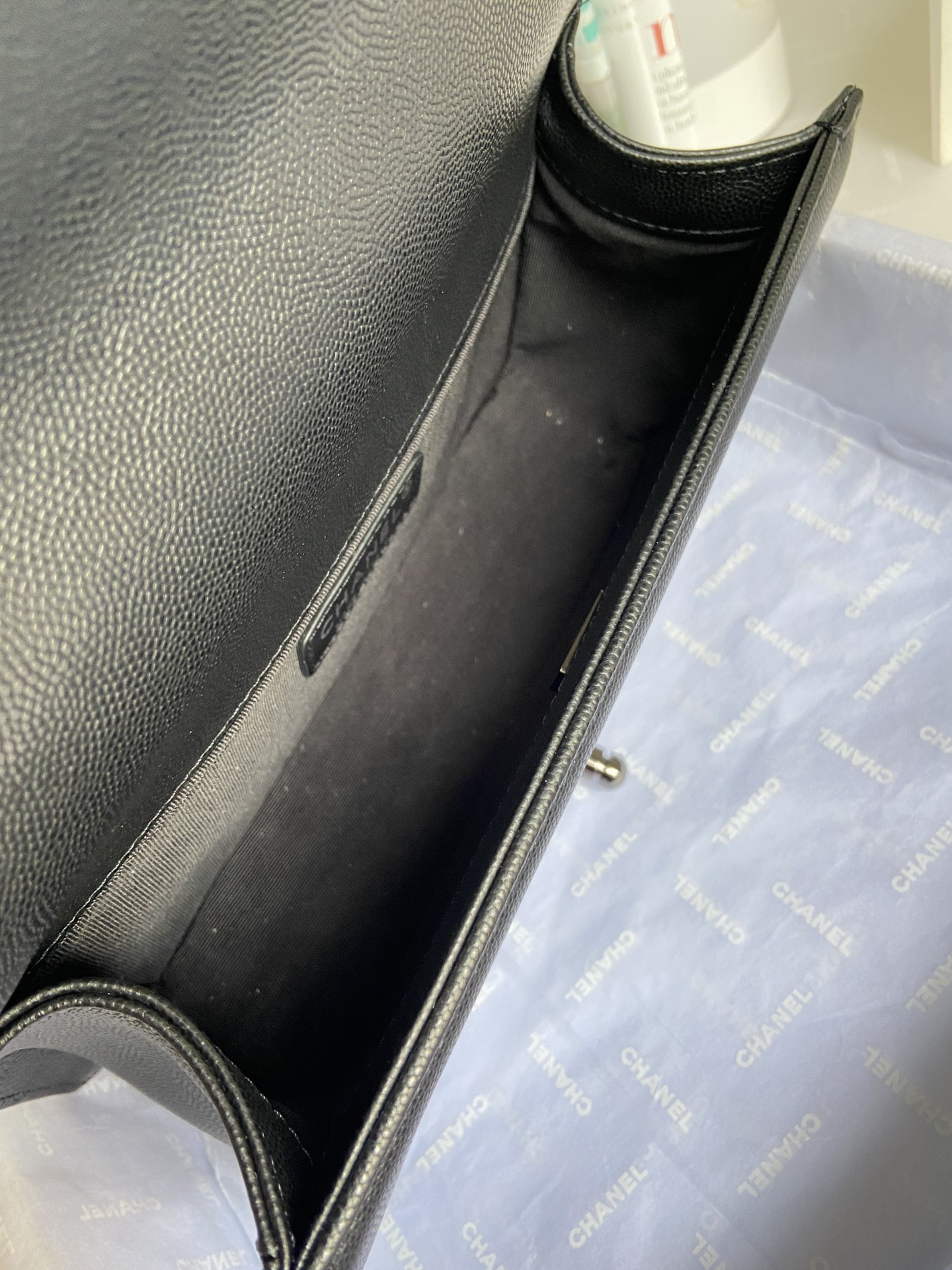 BOY Ch**el HANDBAG Shiny Grained Calfskin Black 5.9 × 9.8 × 3.5 in