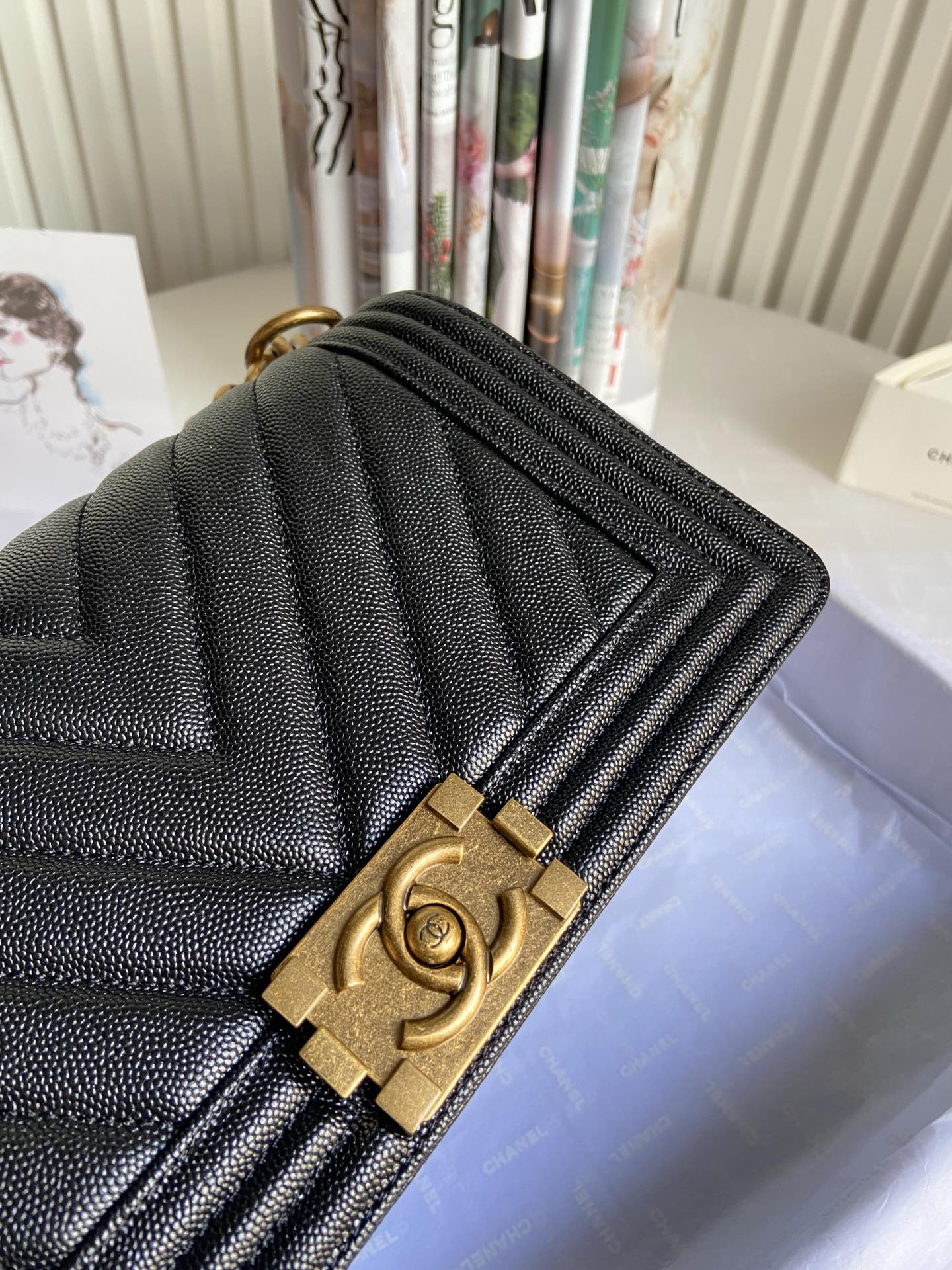 BOY Ch**el HANDBAG Shiny Grained Calfskin Black 5.9 × 9.8 × 3.5 in