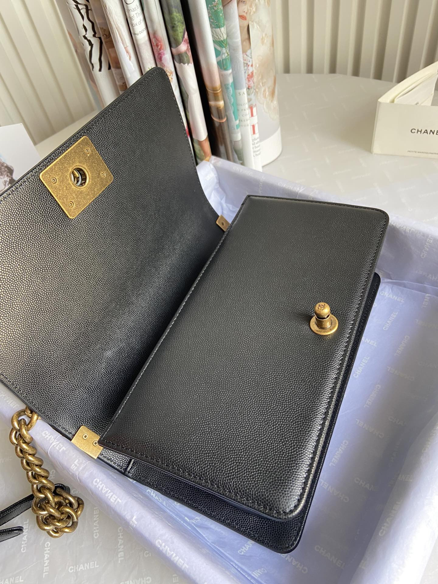 BOY Ch**el HANDBAG Shiny Grained Calfskin Black 5.9 × 9.8 × 3.5 in