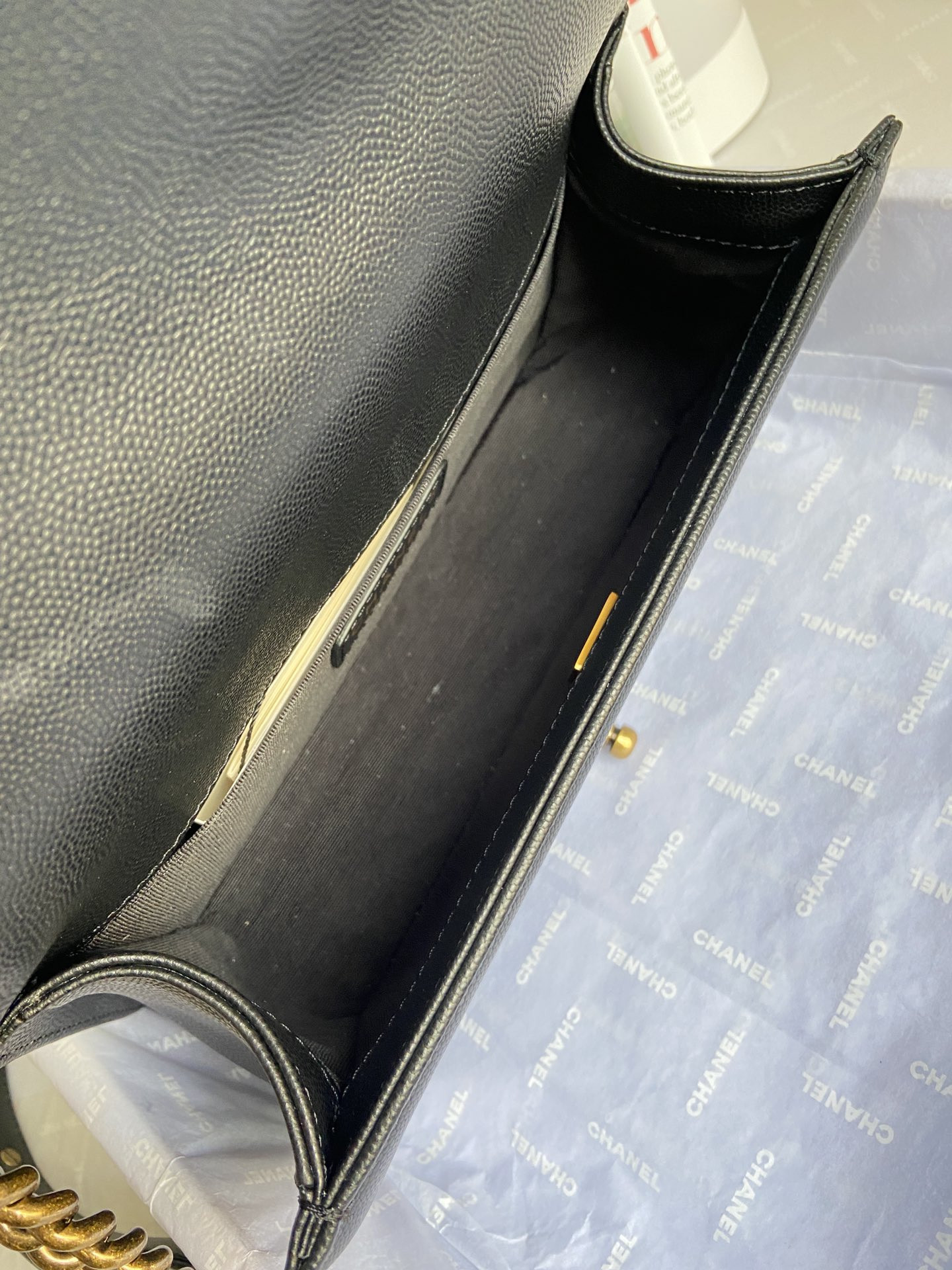 BOY Ch**el HANDBAG Shiny Grained Calfskin Black 5.9 × 9.8 × 3.5 in