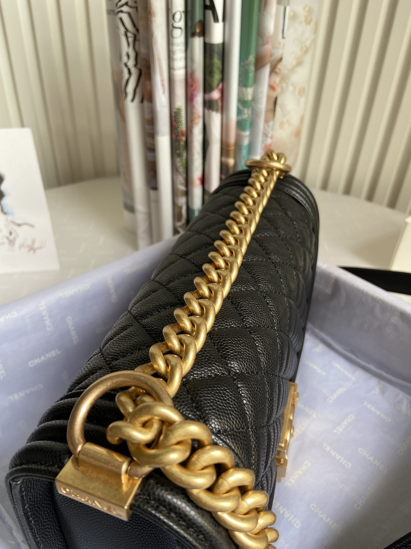 BOY Ch**el HANDBAG Shiny Grained Calfskin 5.9 × 9.8 × 3.5 in