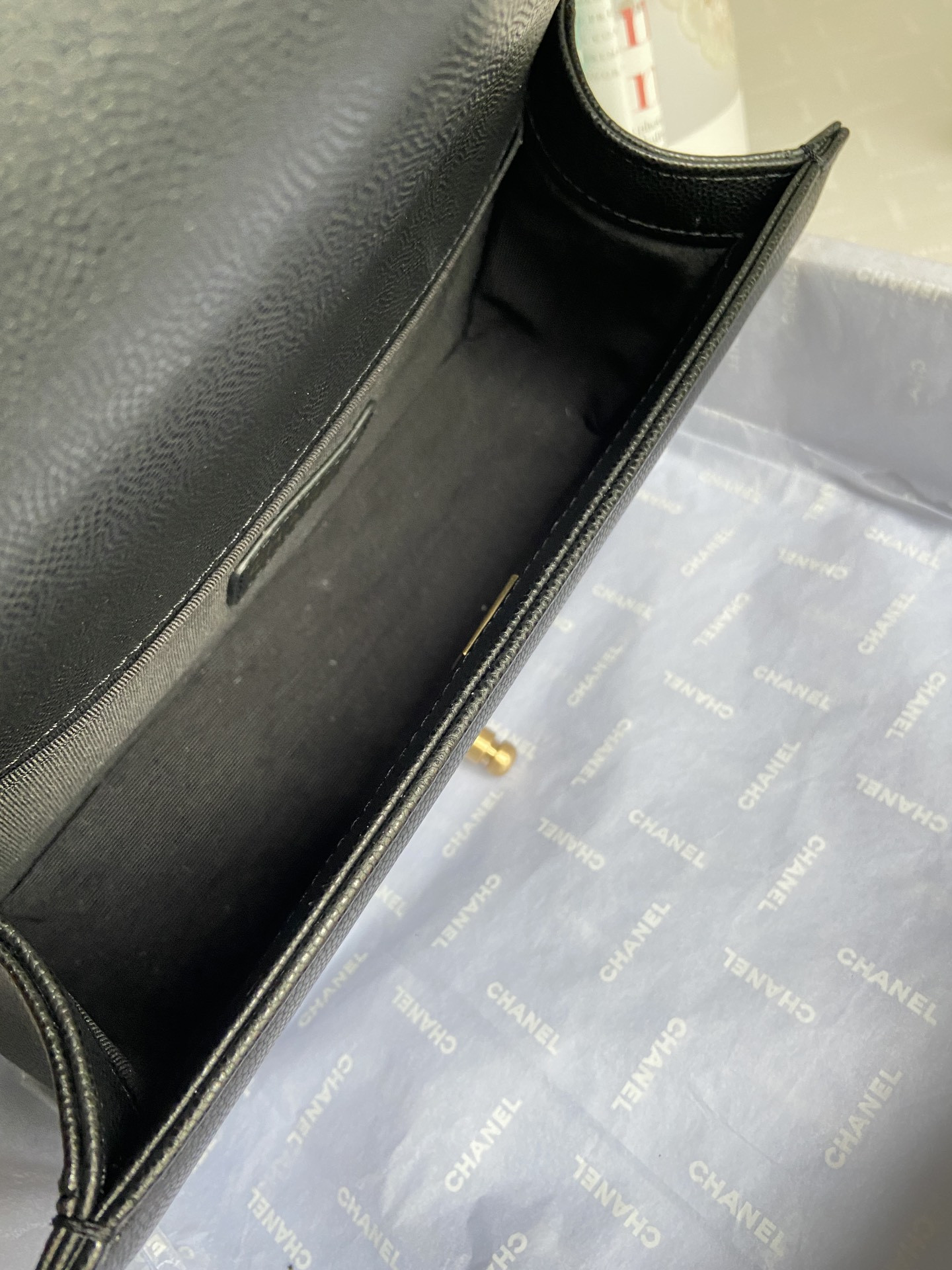 BOY Ch**el HANDBAG Shiny Grained Calfskin Black 5.9 × 9.8 × 3.5 in