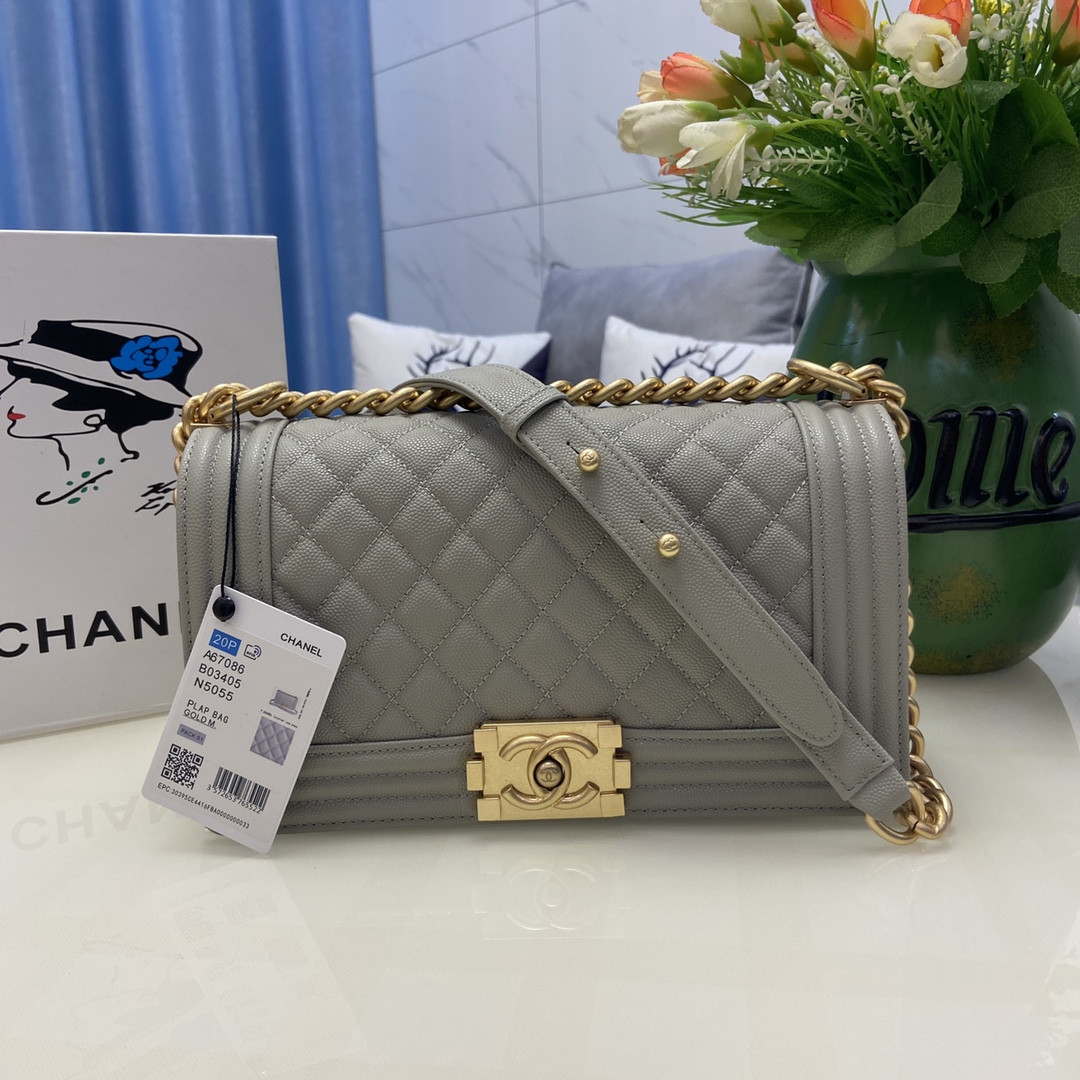 BOY Ch**el HANDBAG Shiny Grained Calfskin & Gold-Tone Metal Gray 5.9 × 9.8 × 3.5 in