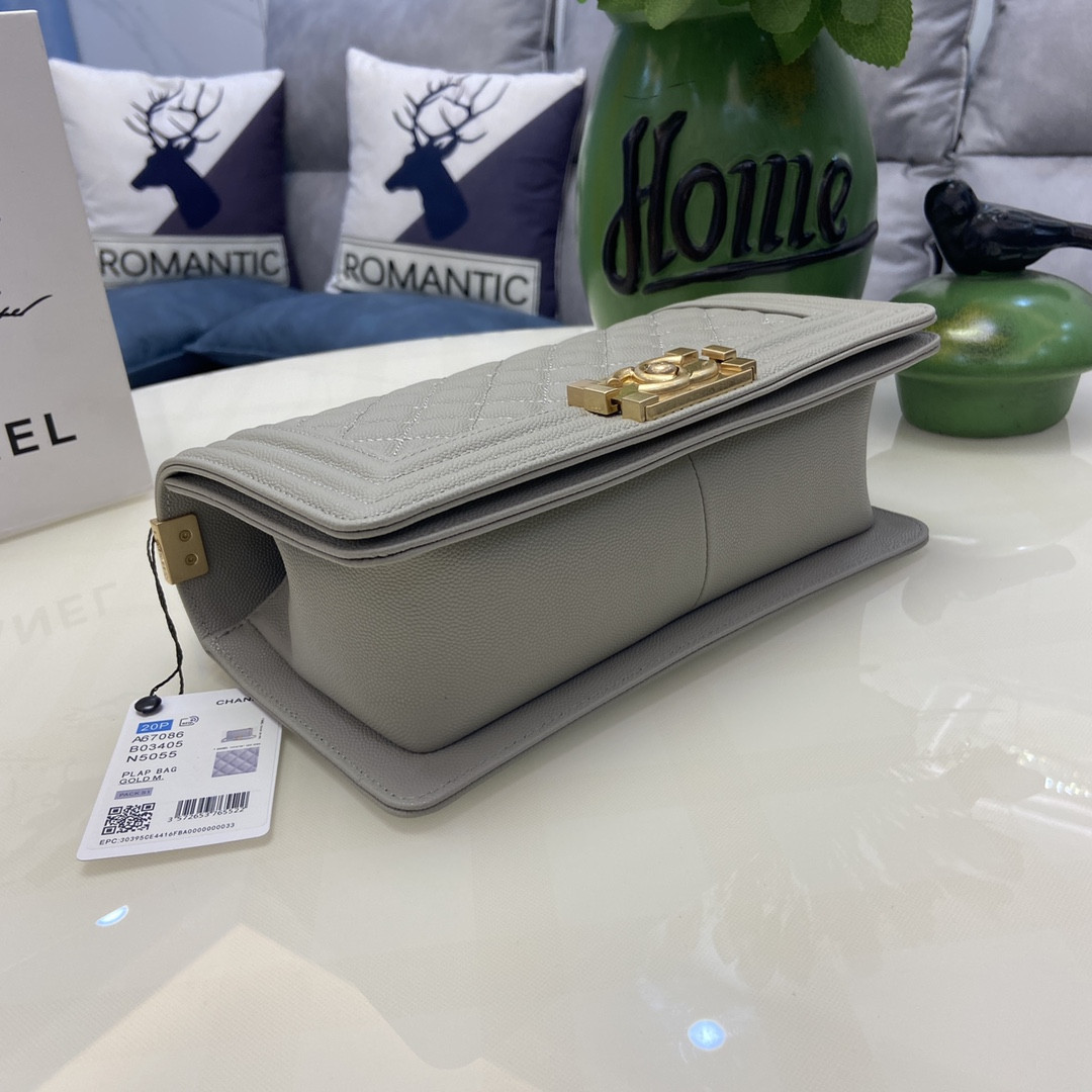 BOY Ch**el HANDBAG Shiny Grained Calfskin & Gold-Tone Metal Gray 5.9 × 9.8 × 3.5 in