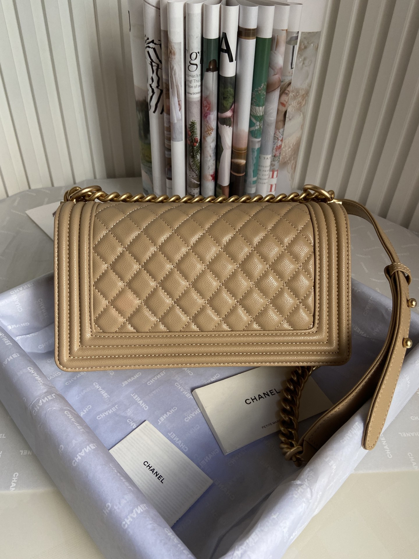 BOY Ch**el HANDBAG Shiny Grained Calfskin Brown 5.9 × 9.8 × 3.5 in