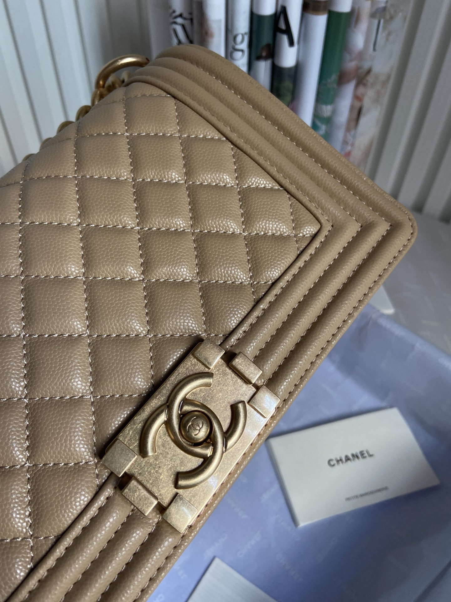 BOY Ch**el HANDBAG Shiny Grained Calfskin Brown 5.9 × 9.8 × 3.5 in