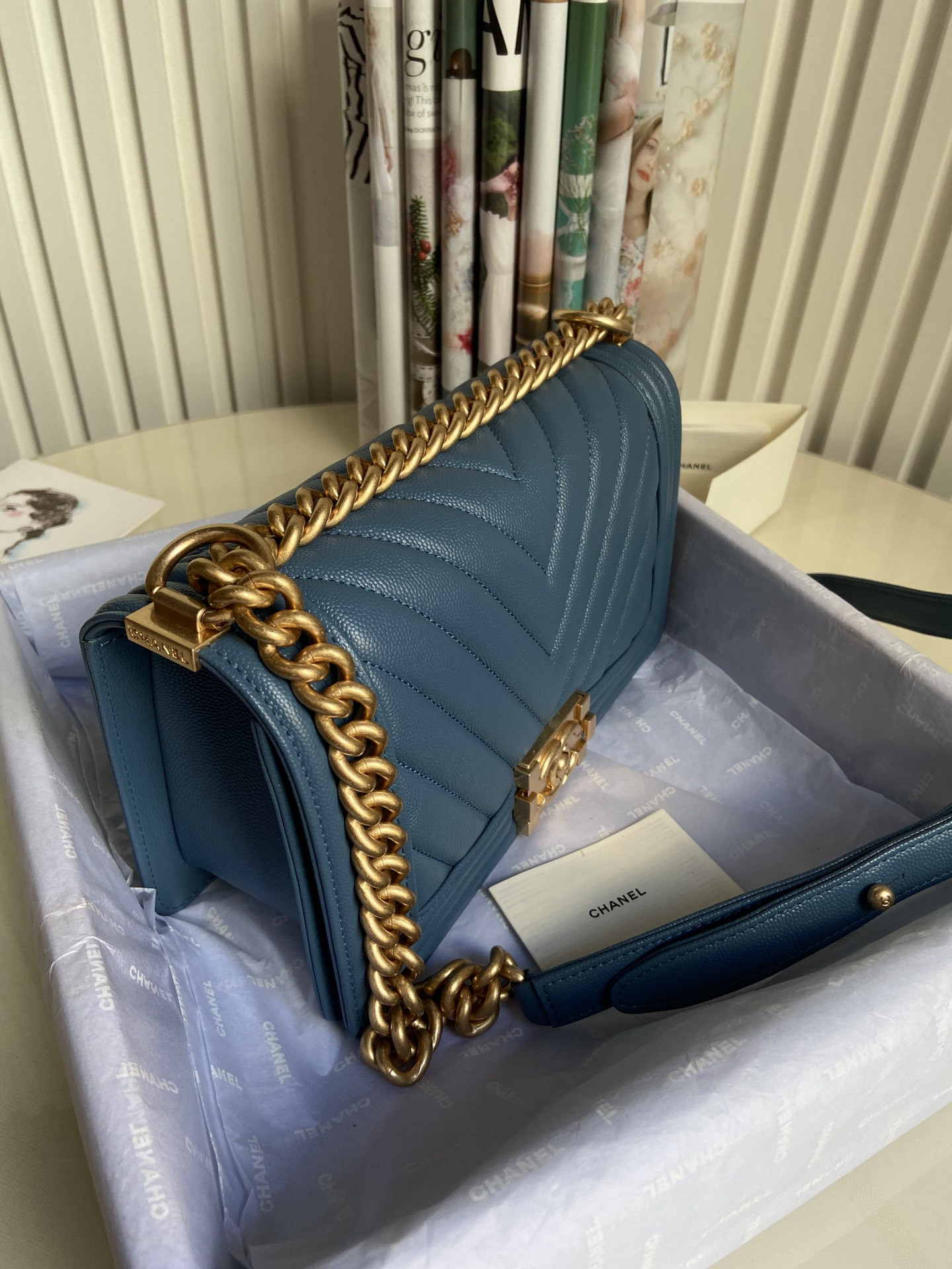 BOY Ch**el HANDBAG Shiny Grained Calfskin & Gold-Tone Metal Blue 5.9 × 9.8 × 3.5 in