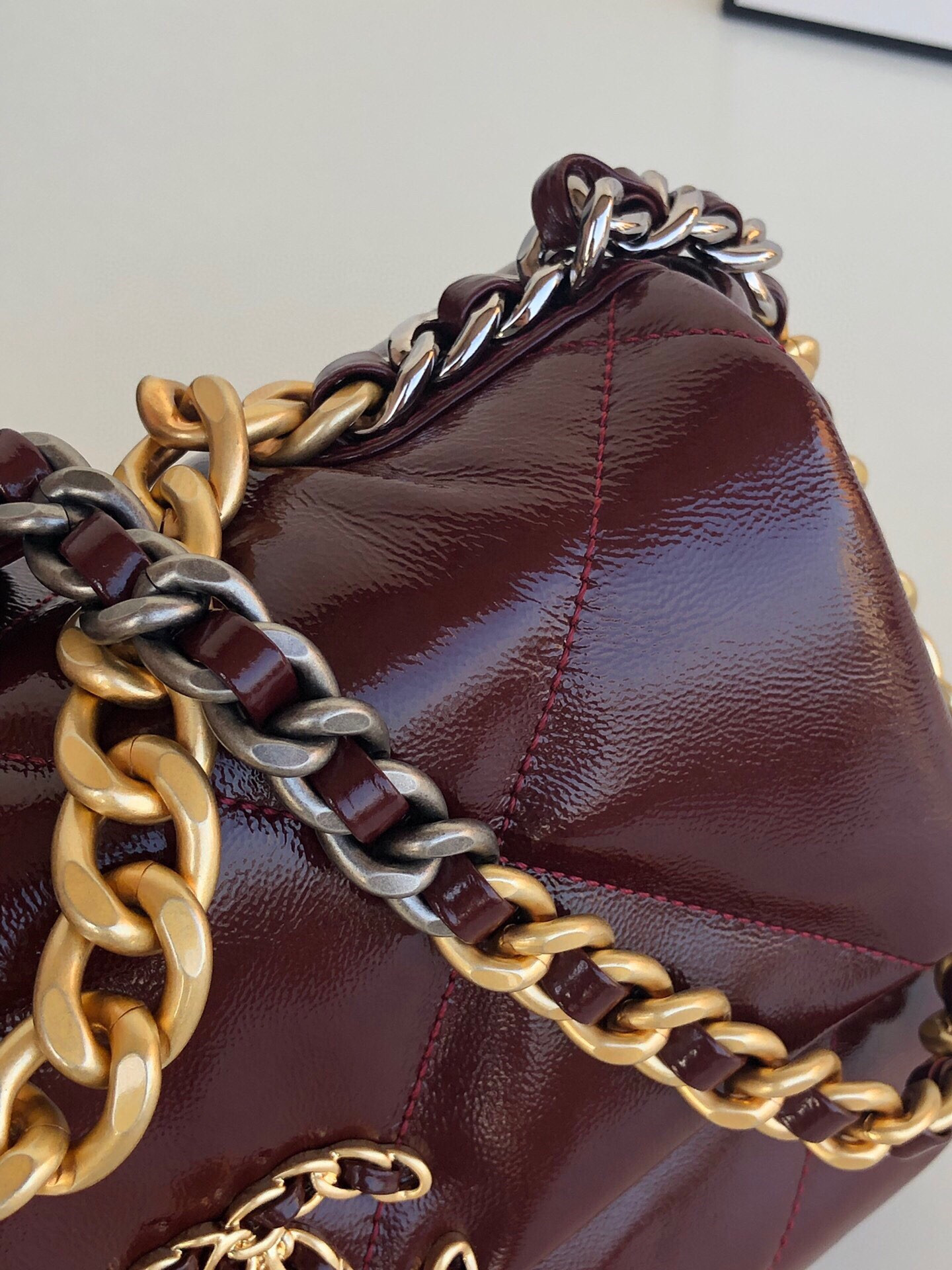 Ch**el 19 HANDBAG Shiny Leather, Gold-Tone, Silver-Tone & Ruthenium-Finish Metal Dark Red 6.2 × 10.1 × 3.5 in