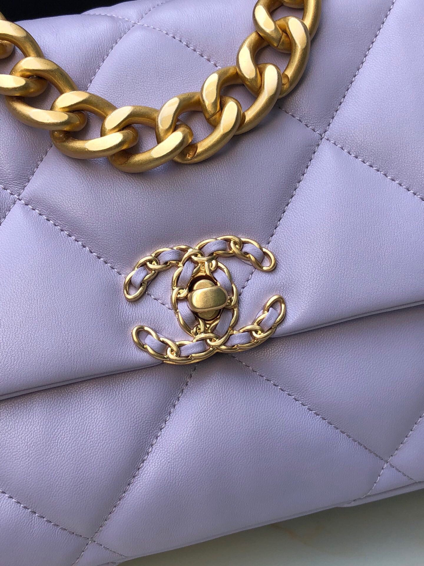 Ch**el 19 LARGE HANDBAG Shiny Leather, Gold-Tone, Silver-Tone & Ruthenium-Finish Metal Purple 7.8 × 11.7 × 3.9 in