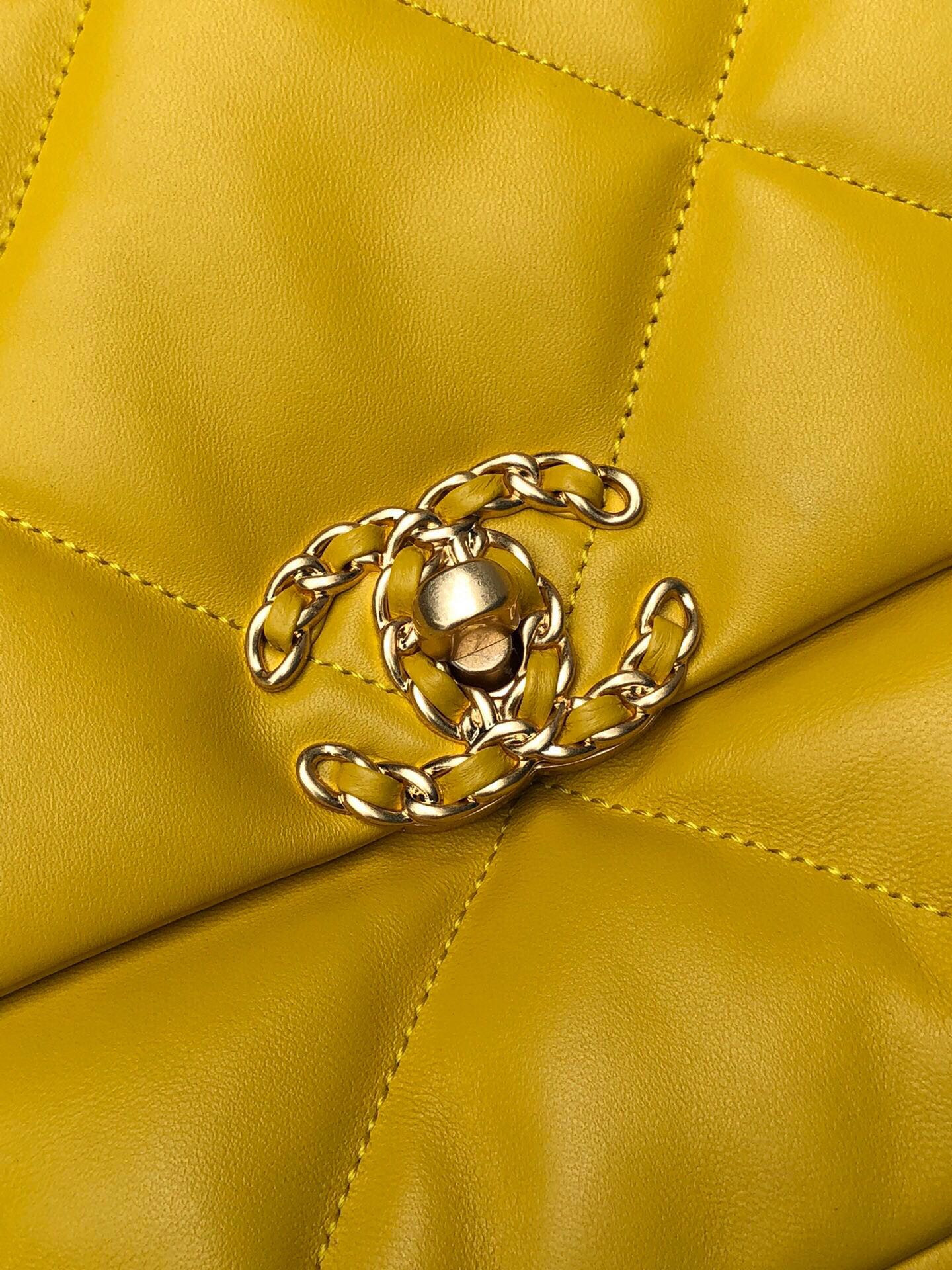 Ch**el 19 LARGE HANDBAG Shiny Leather, Gold-Tone, Silver-Tone & Ruthenium-Finish Metal Yellow 7.8 × 11.7 × 3.9 in