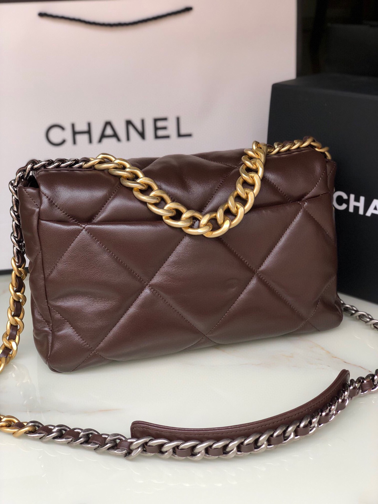 Ch**el 19 LARGE HANDBAG Shiny Leather, Gold-Tone, Silver-Tone & Ruthenium-Finish Metal Brown 7.8 × 11.7 × 3.9 in