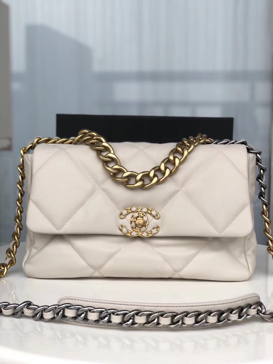 Ch**el 19 LARGE HANDBAG Shiny Leather, Gold-Tone, Silver-Tone & Ruthenium-Finish Metal Beige 7.8 × 11.7 × 3.9 in