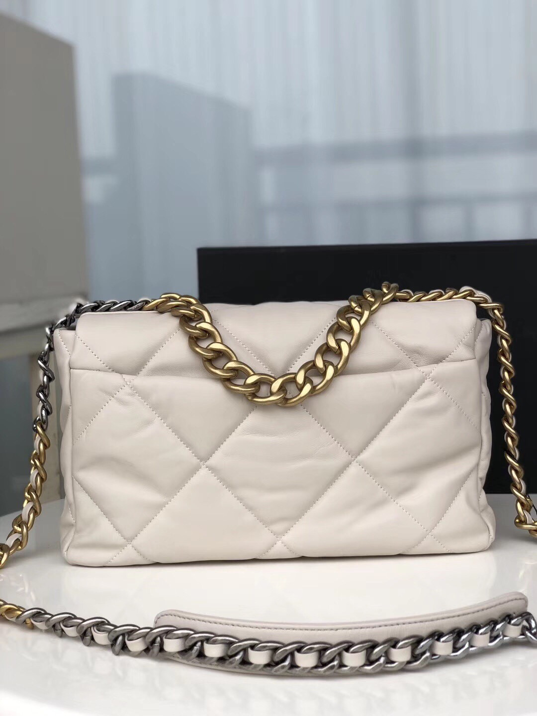 Ch**el 19 LARGE HANDBAG Shiny Leather, Gold-Tone, Silver-Tone & Ruthenium-Finish Metal Beige 7.8 × 11.7 × 3.9 in