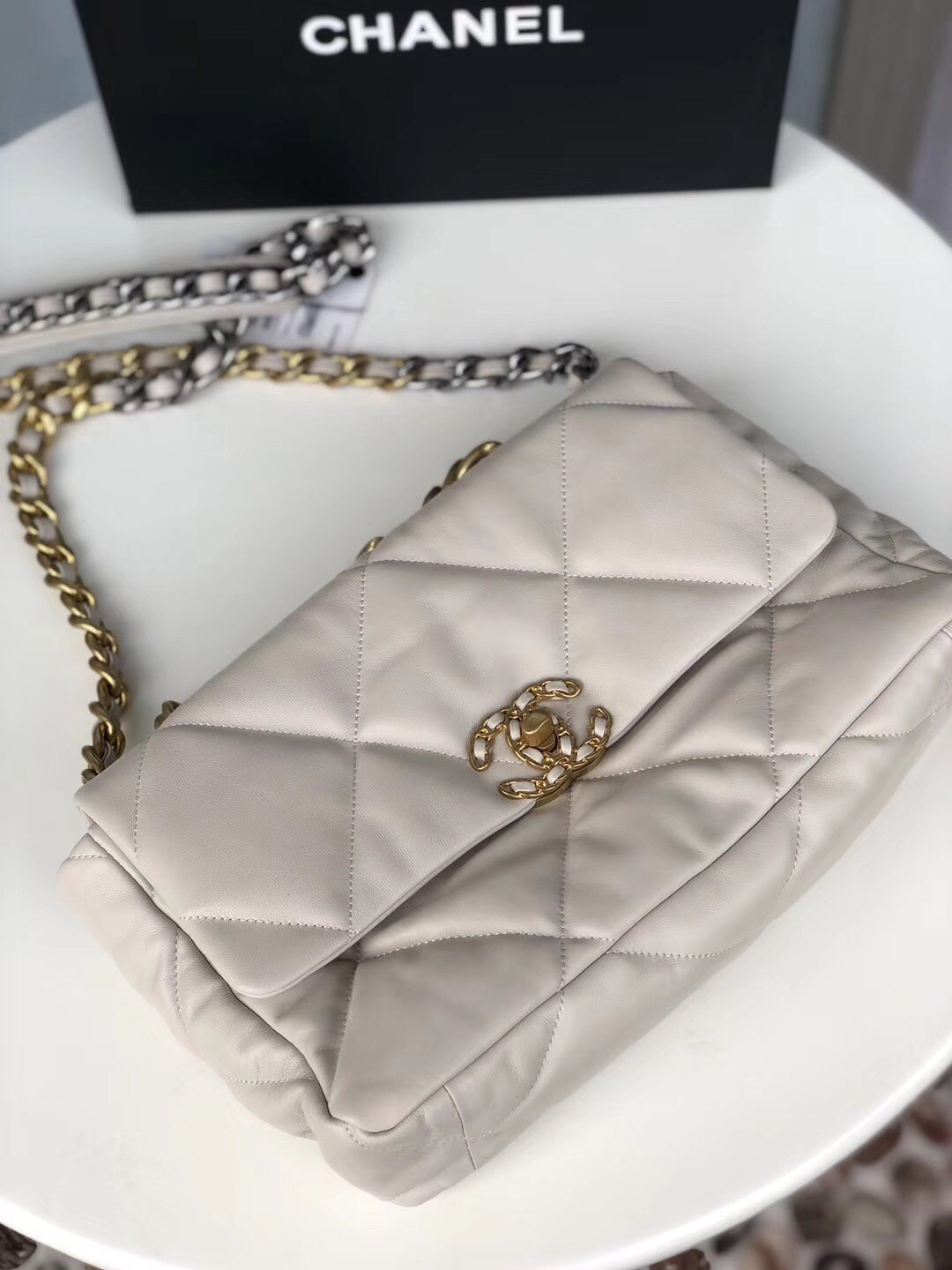 Ch**el 19 LARGE HANDBAG Shiny Leather, Gold-Tone, Silver-Tone & Ruthenium-Finish Metal Beige 7.8 × 11.7 × 3.9 in