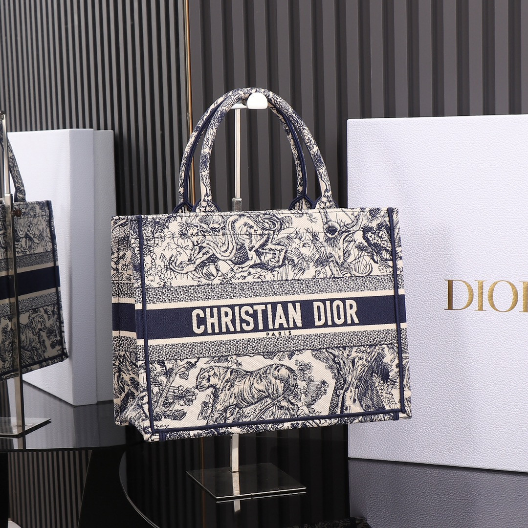 Medium D10r Book Tote  Ecru and Blue Toile de Jouy Embroidery 14 x 11 x 6.5 inches