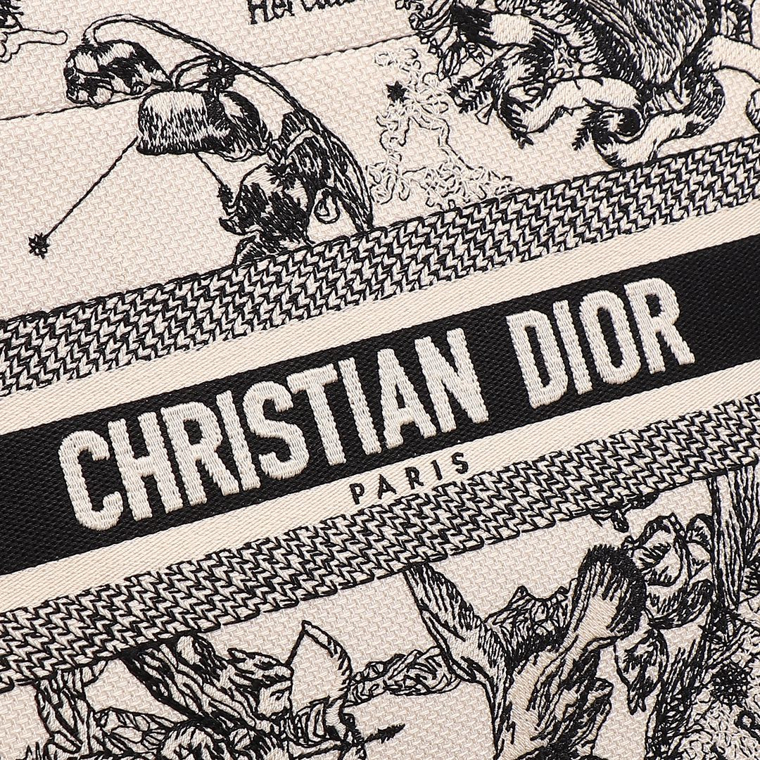 Small D10r Book Tote Latte and Black Toile de Jouy Zodiac Embroidery 10.5 x 8.5 x 5.5 inches