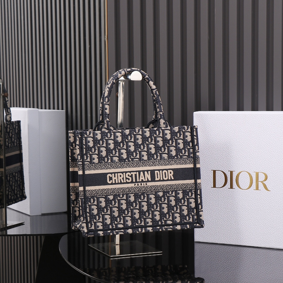 Small D10r Book Tote Ecru and Blue D10r Oblique Embroidery 10.5 x 8.5 x 5.5 inches