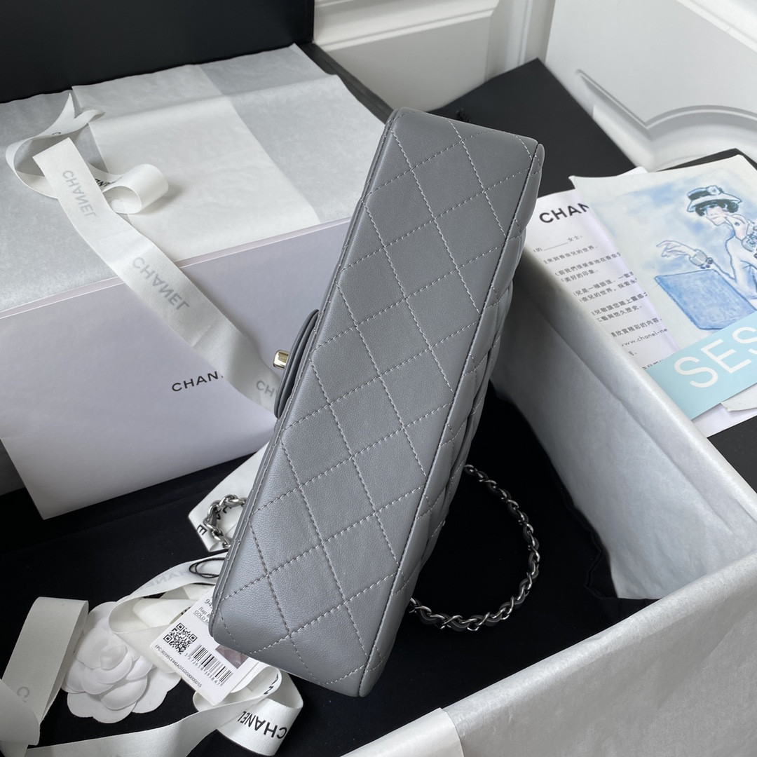 Ch**el CLASSIC HANDBAG GRAINED SHINY CALFSKIN & SILVER-TONE METAL GRAY 6 × 9.9 × 2.5 in