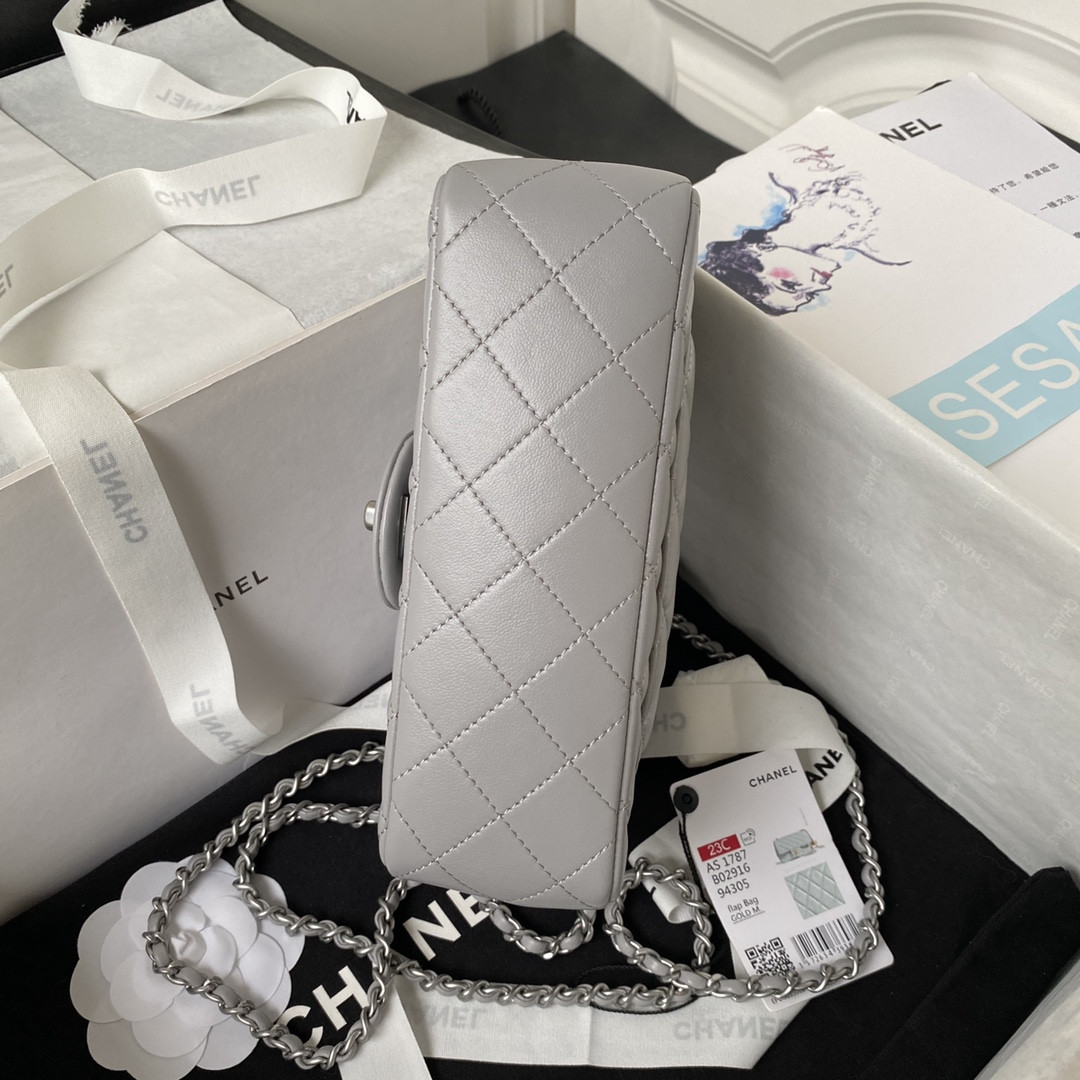 Ch**el MINI FLAP BAG SHINY CALFSKIN & SILVER-TONE METAL LIGHT GRAY 4.7 × 7.8 × 2.3 in