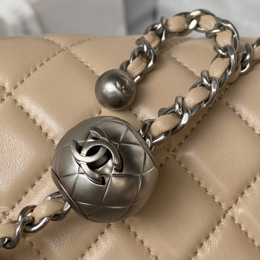 Ch**el MINI FLAP BAG SHINY CALFSKIN & SILVER-Tone METAL COFFEE 5.3 × 6.6 × 3.1 in